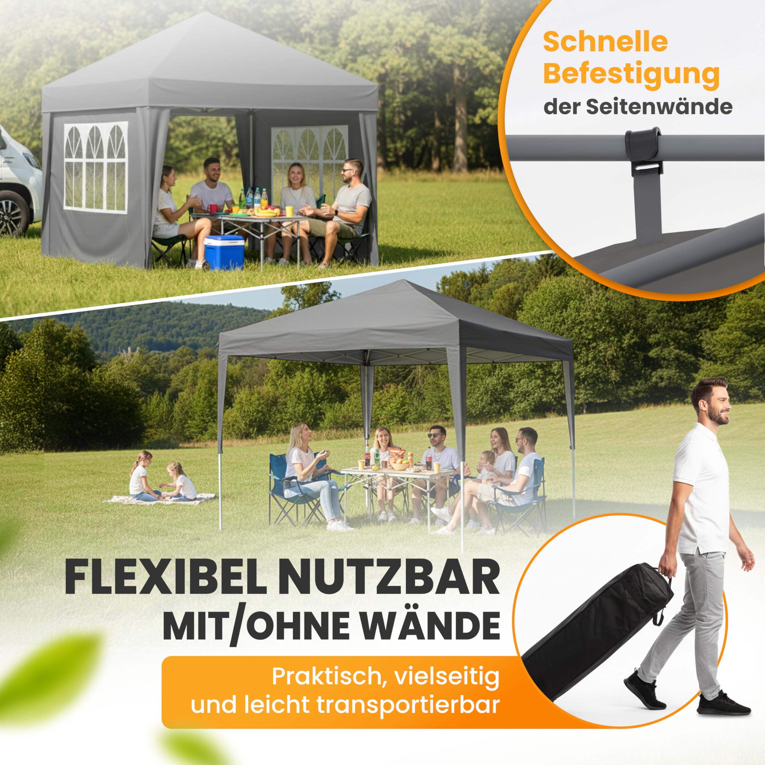 NATURIZ® Pavillon 3x3 Wasserdicht Stabil Hochwertig mit UV 50+ Schutz - Faltpavillon mit Seitenwänden - Pop Up Zelt für Garten, Camping, Märkte - Gartenpavillon (Grau, 3x3m)