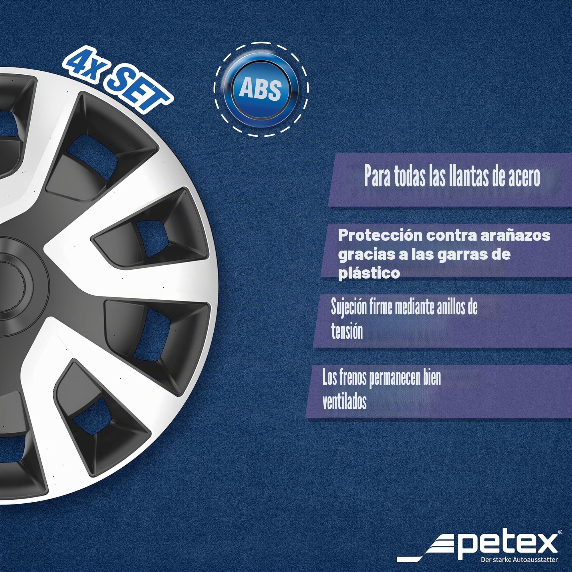 PETEX Tapacubos de 16 Pulgadas, 4 Unidades, para Coche, Revo Van Bus, de plástico ABS en Color Negro y Plateado