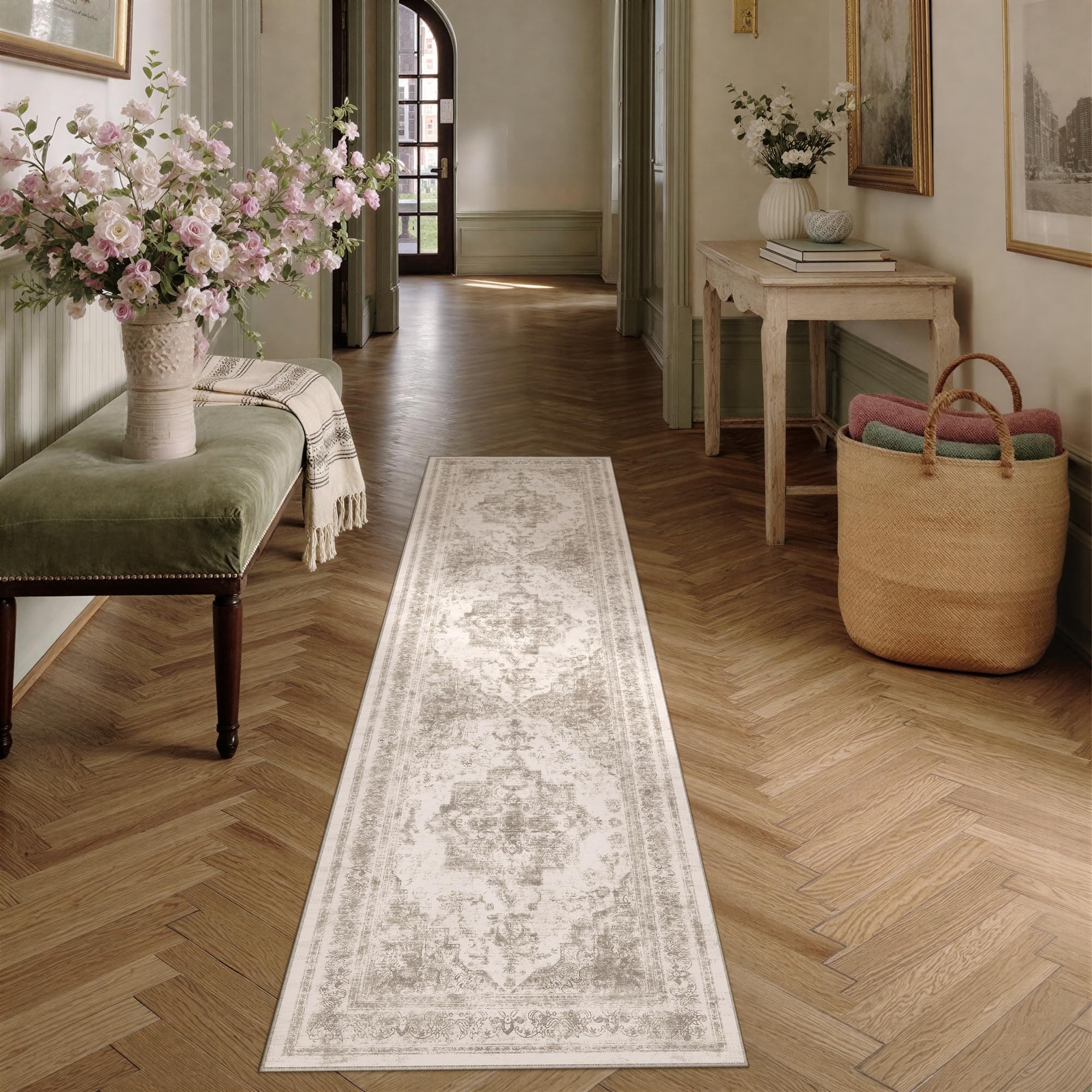 HUGEAR Vintage Tappeto Corridoio 80x300cm Beige Passatoia Tappeti Cucina Antiscivolo Lavabile in Lavatrice Tapette Camera da Letto Scendiletto Cameretta Ufficio Pelo Corto Lungo Carpet