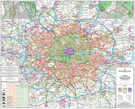 London Car Zone Map 2021 London Low Emissions And Ultra Low Emissions Zone Wall Map - Ulez Map  - 73 X 112 Cm - Laminated Wall Map Of London Ideal For Offices, Businesses  And Home :