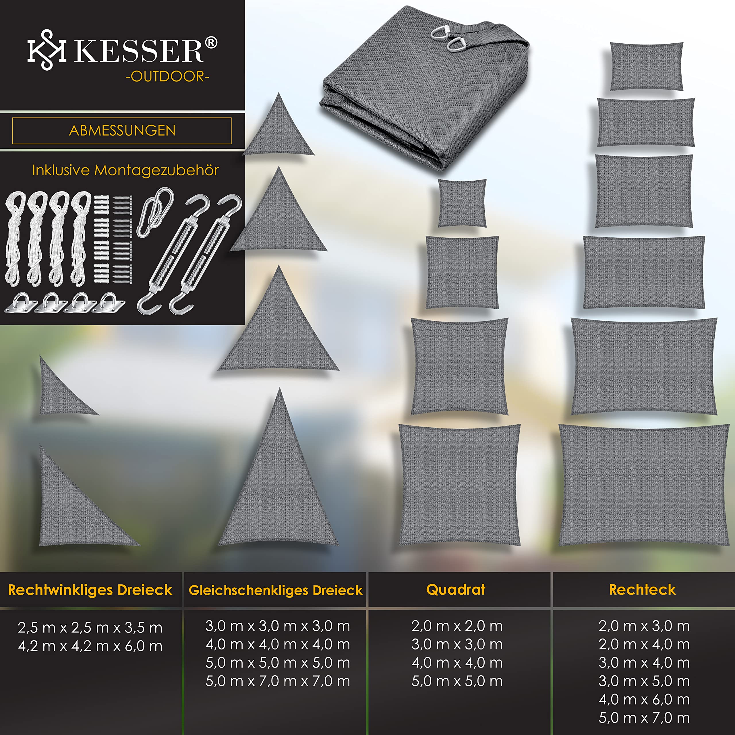 KESSER® Voile d'ombrage, Protection Solaire, Coupe-Vent, Tissu PEHD, imperméable et Coupe-Vent, Coutures transversales, Robuste et Stable, pour Jardin, Balcon, 2x2m, Gris