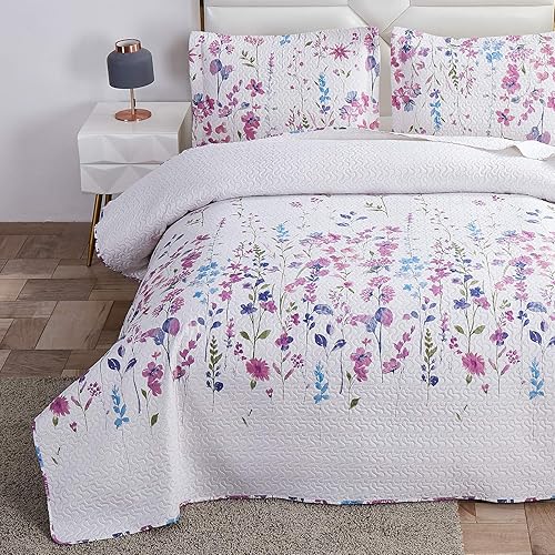 Juego de cama individual de verano con diseño botánico de hojas y flores lila, color púrpura, azul, verde, liviano, delgado, transpirable colcha y