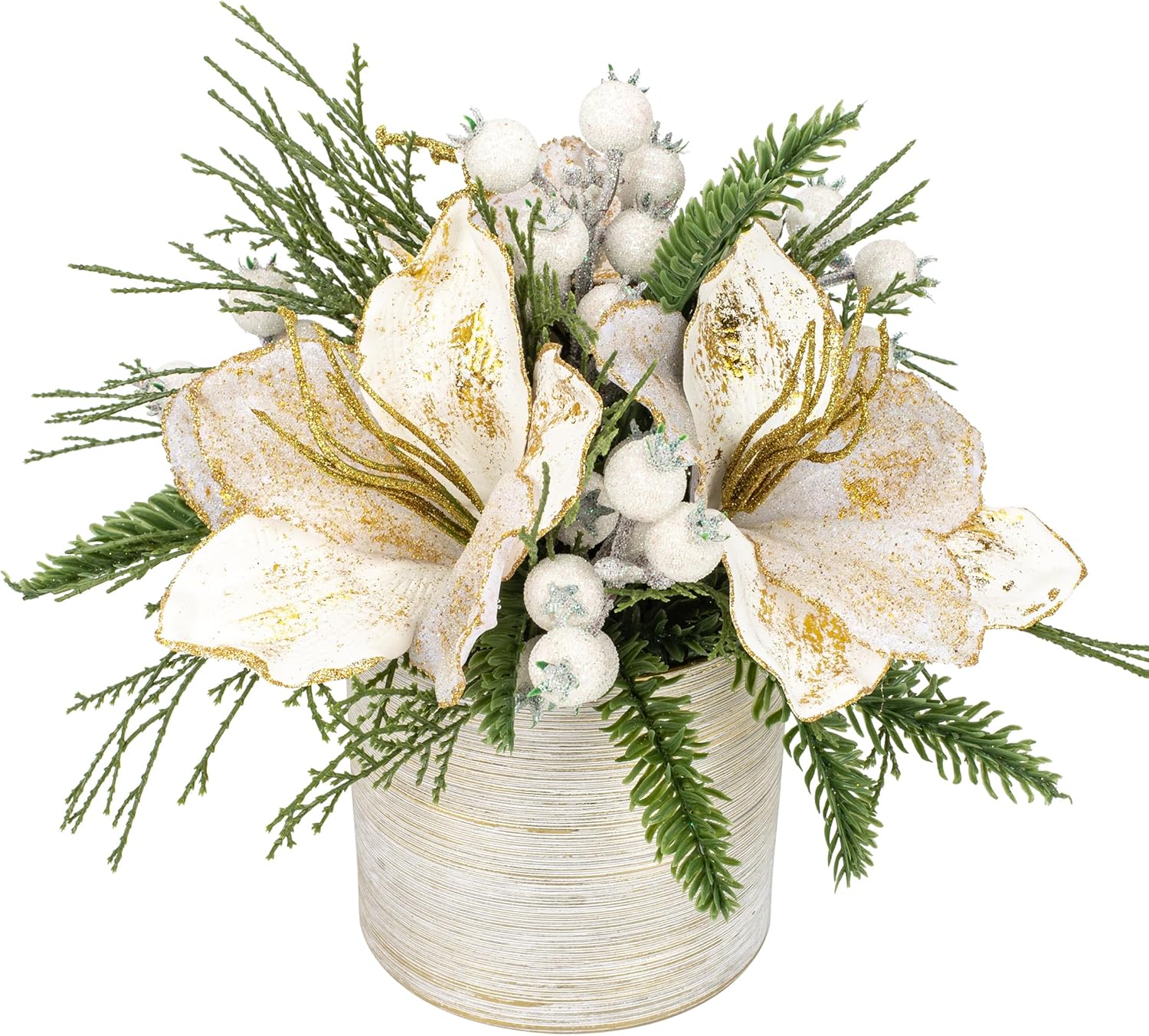 Briful 11.4 Inch Christmas Tree Large Artificial Potted Christmas Arrangment in Pot with White Pine Snowy and Magnolia Xmas Flowers for Centrepieces Table Window Console Countertop Décor