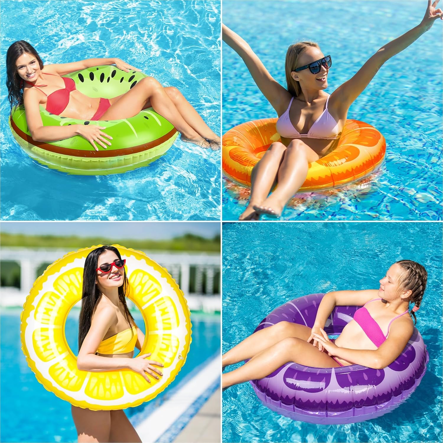 Elcoho 8 Pack Inflatable Pool Rings Set 29.5 Inch Swim Tubes Floats in Fruit Designs Orange Lemon Grape Kiwi for Big Beach Swimming Water Toys for Summer, Outdoor Party Supplies
