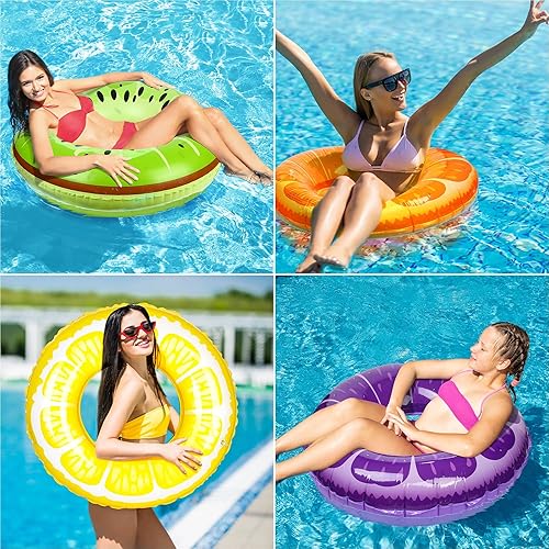 Miniatura 4 de Elcoho Juego de 8 anillos inflables para piscina, tubos de natación de 29.5 pulgadas, flotadores en diseños de frutas, naranja, limón, uva, kiwi