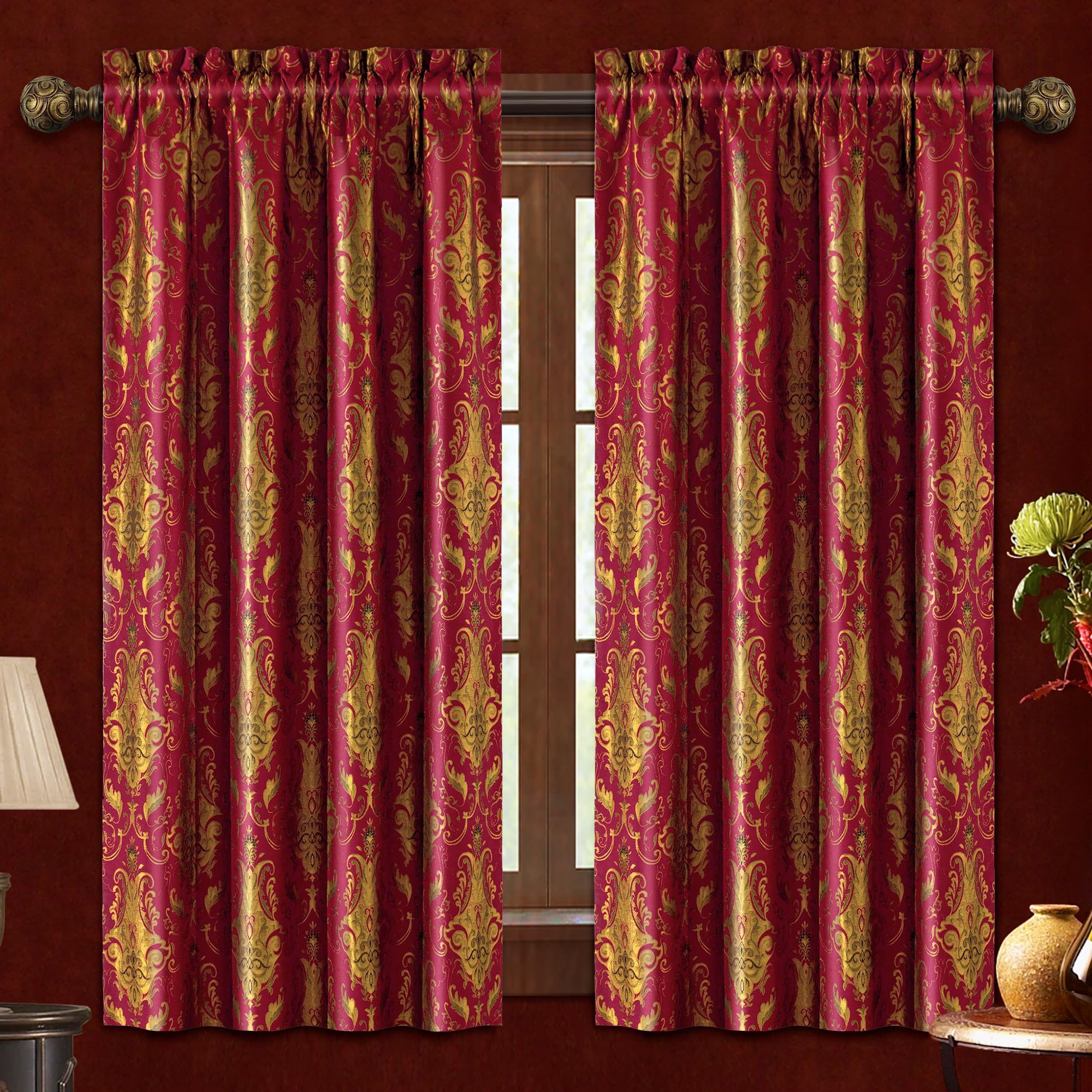 Loom and Mill Luxury Red Damask Curtains for Bedroom, Textured Lined Jacquard Curtain 2 Panels with Tiebacks, Window Curtain for Living Room Banquet Christmas Decor, Rod Pocket(42”Wx 63”L, 2 Panels)