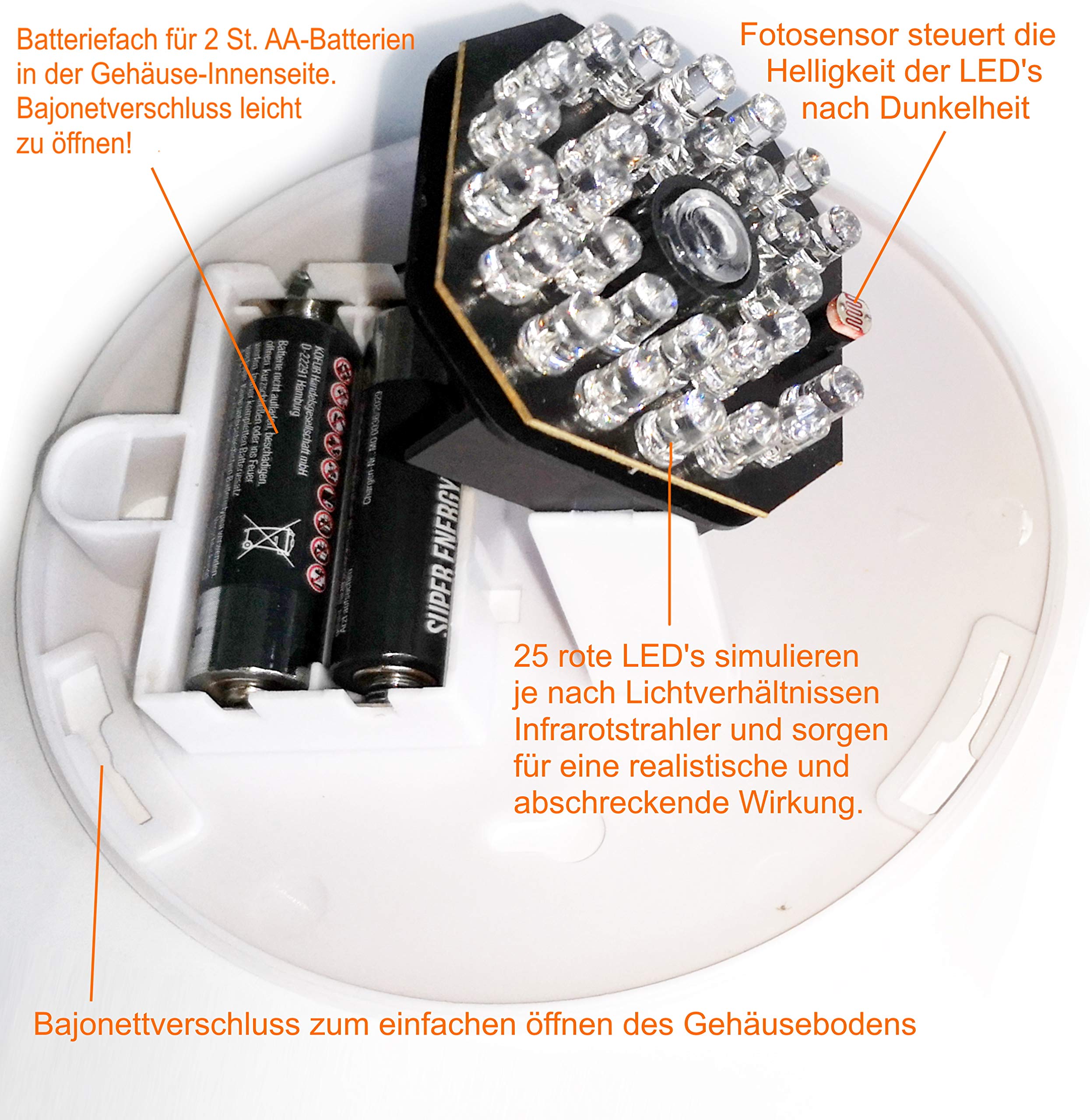 O&W Security Juego de 4 cámaras de vigilancia falsas (Dome) – Dummy CCTV con réplica de lente, 25 ledes rojos (aspecto IR) y LED intermitente, para interior y exterior, funciona con pilas (2 pilas AA)