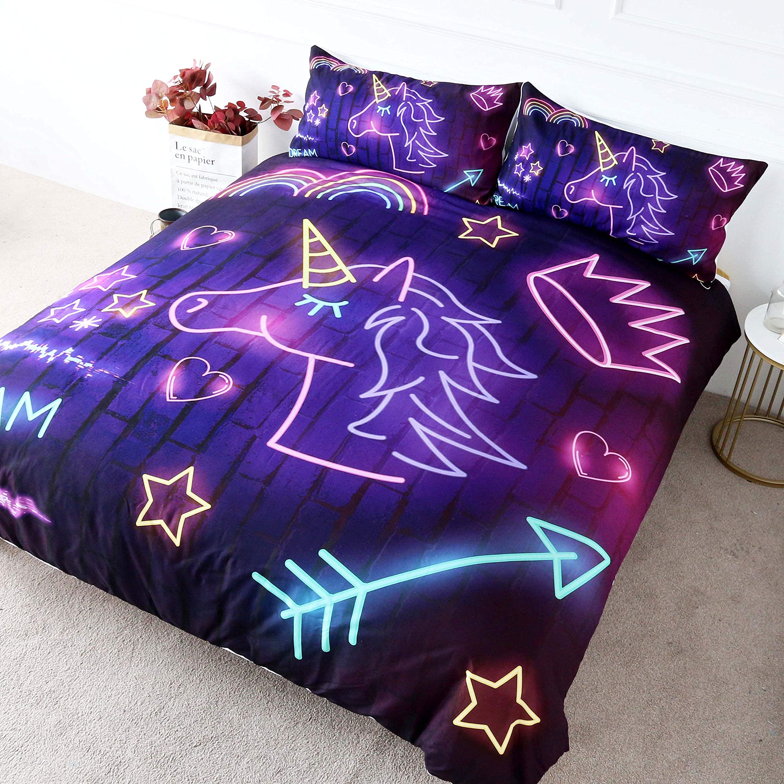 BlessLiving Purple Unicorn Bedding - Neon Unicorn Bed Set, Full Comforter Cover, Stars Heart Crown Print, 3 Piece Duvet Cover Sets for Kids Girls Boys