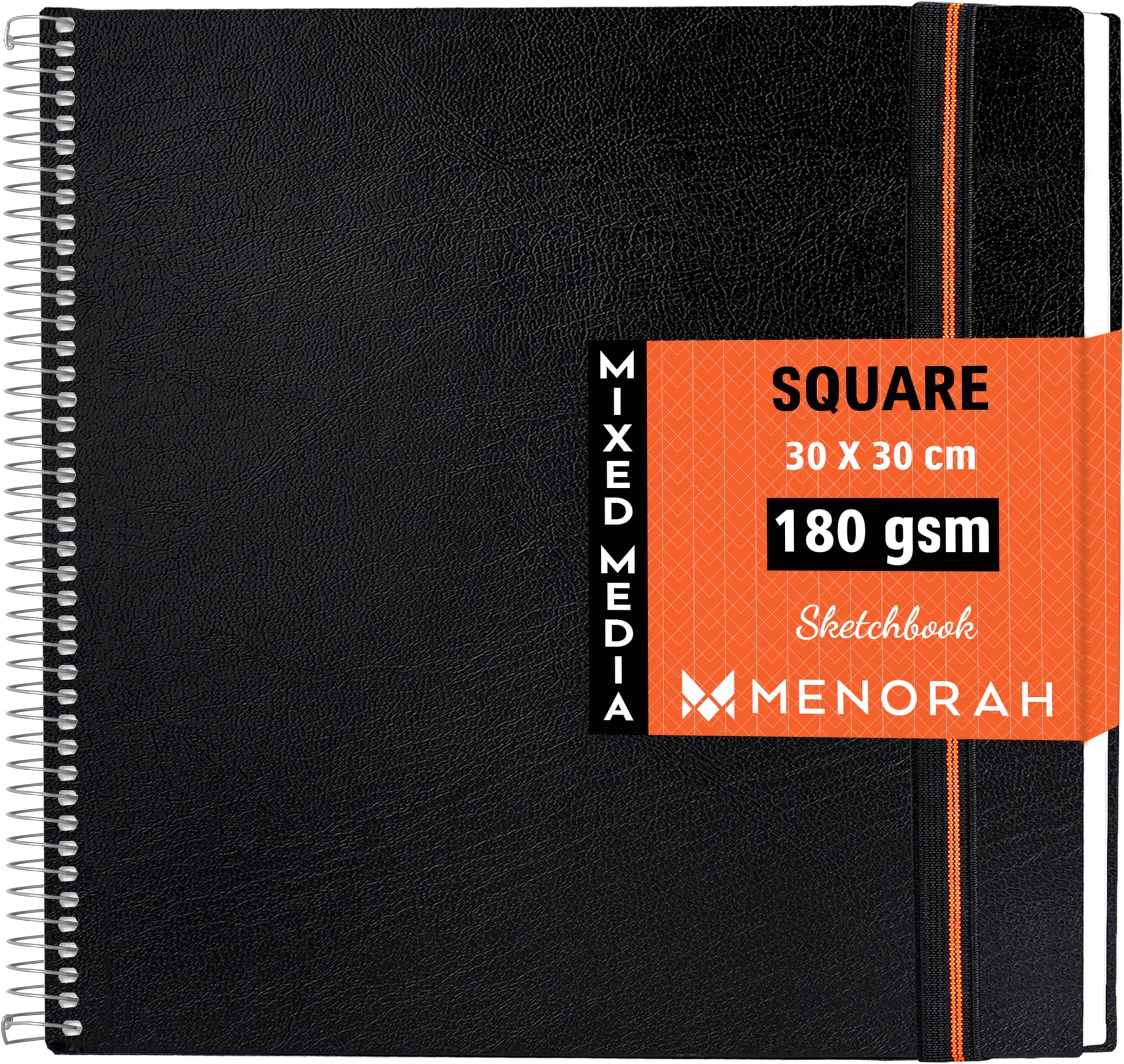 MENORAH - Square Spiral Sketch Book for Artist - 180 GSM - 100 Pages/50 Sheets -Square Sketchbook for Drawing,Painting,Light Watercolor, Acrylics, Gouache -Metal Spiral Bound -(30.0 x 30.0 cm) -Black