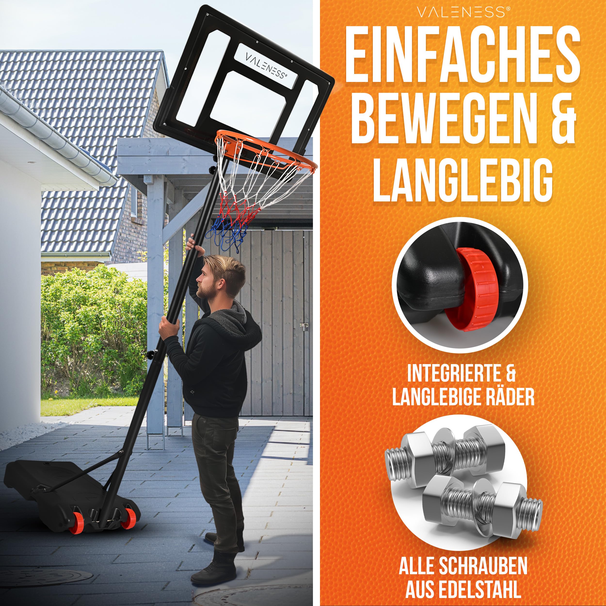 VALENESS Basketballkorb Outdoor Höhenverstellbar Wetterfest Profi Korb mit Basketball und Pumpe