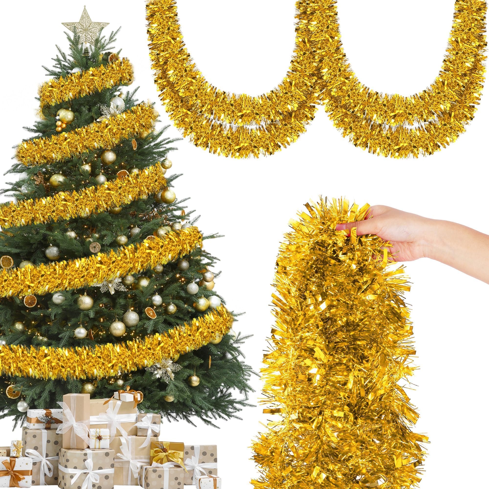 12M Tinsel Garland Metallic Twist Tinsel 9CM Thick Garland Hanging Decorations for Tree Wreath Wedding Events Party Supplies (Gold)