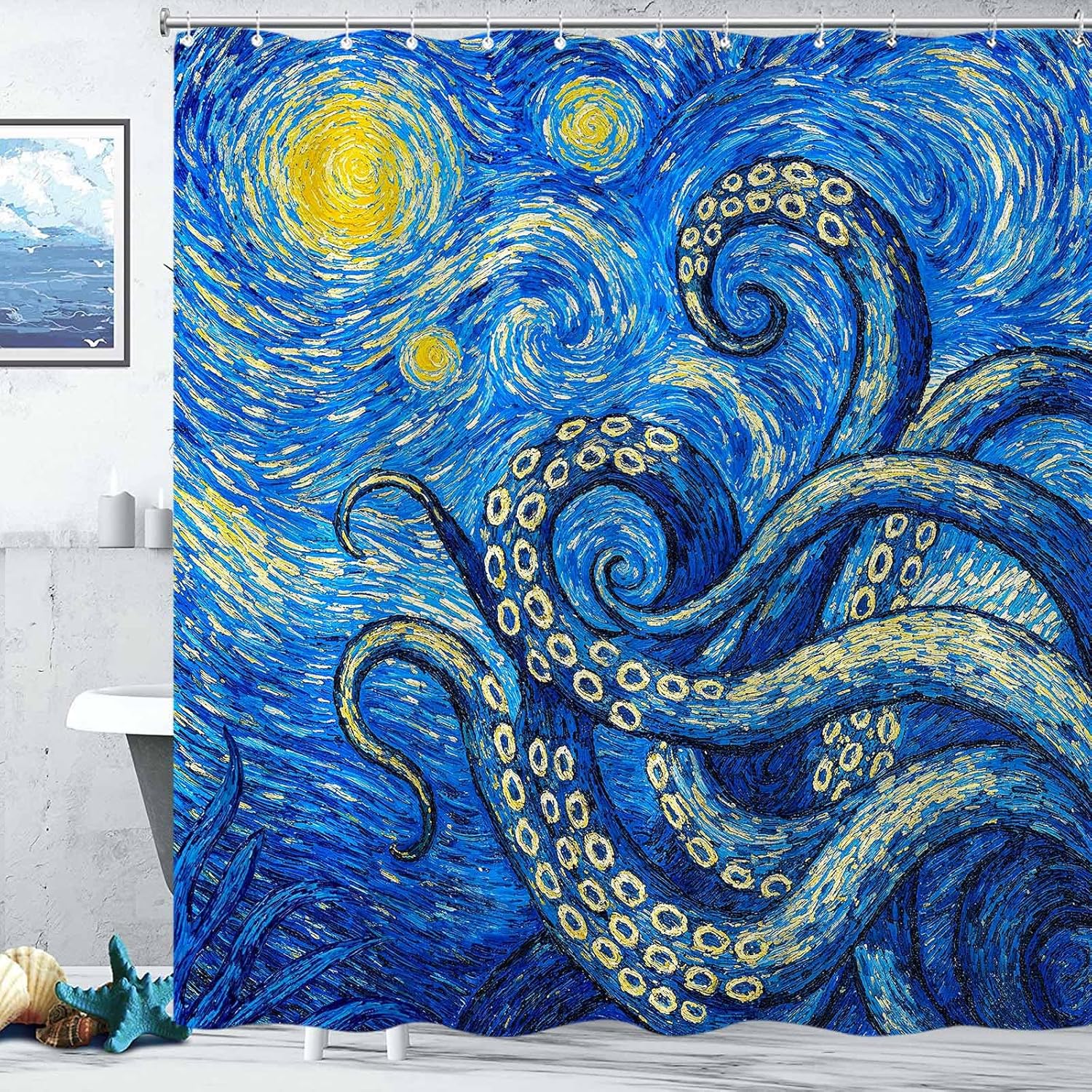 Yeoiat Artistic Octopus Shower Curtain Set Starry Ocean Print Waterproof Bathroom Shower Curtain Mysterious Marine Life Art Home Decor 72x72 Inch
