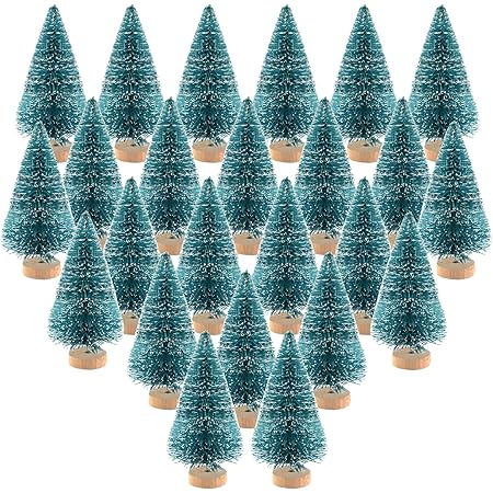 KUUQA 24Pcs Mini Sisal Trees Bottle Brush Trees Mini Christmas Trees Pine Trees with Wood Base Winter Snow Ornaments Tabletop Trees for Christmas Decorations Diorama Models, Small Size Trees