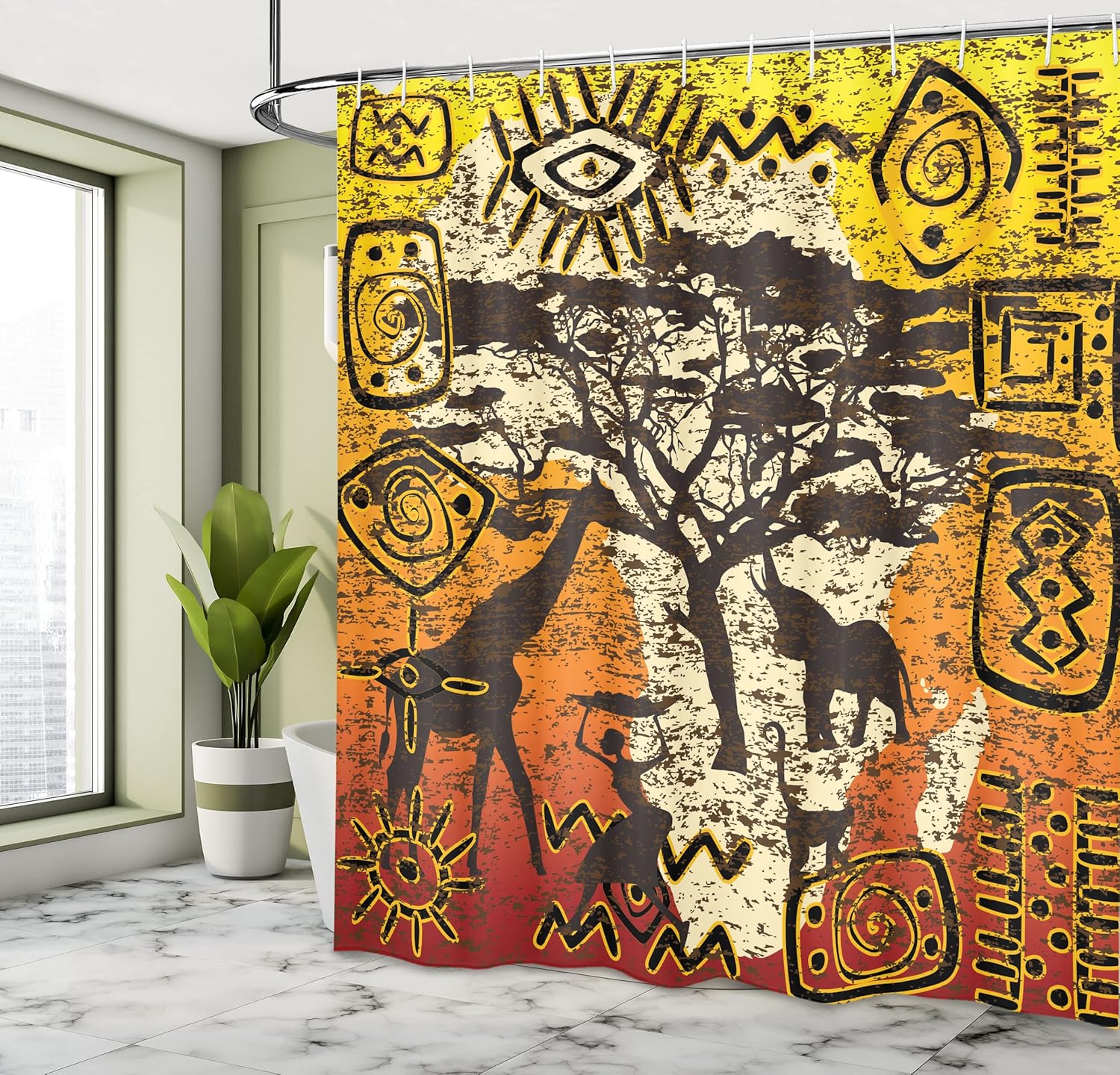 Ambesonne African Shower Curtain, Animals Savannah Theme Cultural Art Grunge Bohemian Ornamental Design, Cloth Fabric Bathroom Decor Set with Hooks, 69" W x 75" L, Yellow Orange