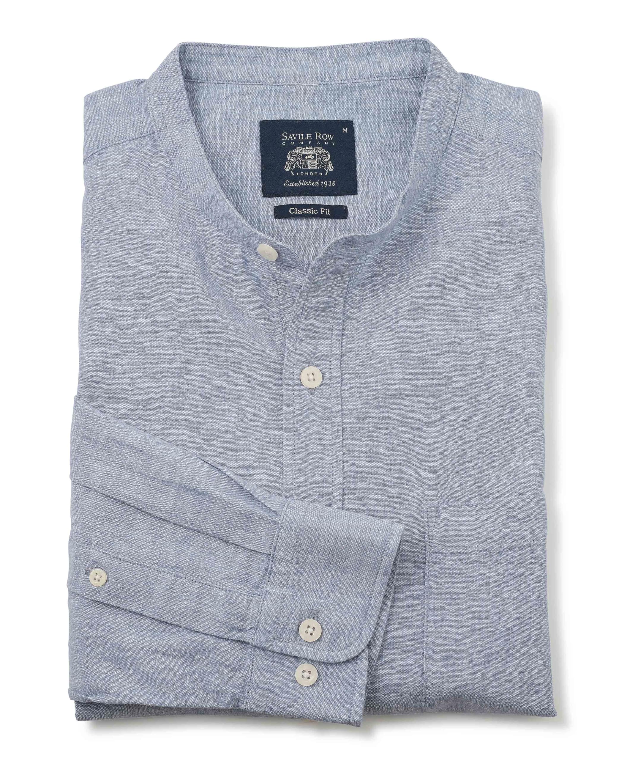 The Savile Row Company London Men's Denim Blue Linen-Cotton Blend Long Sleeve Grandad Collar Shirt - Xxxl