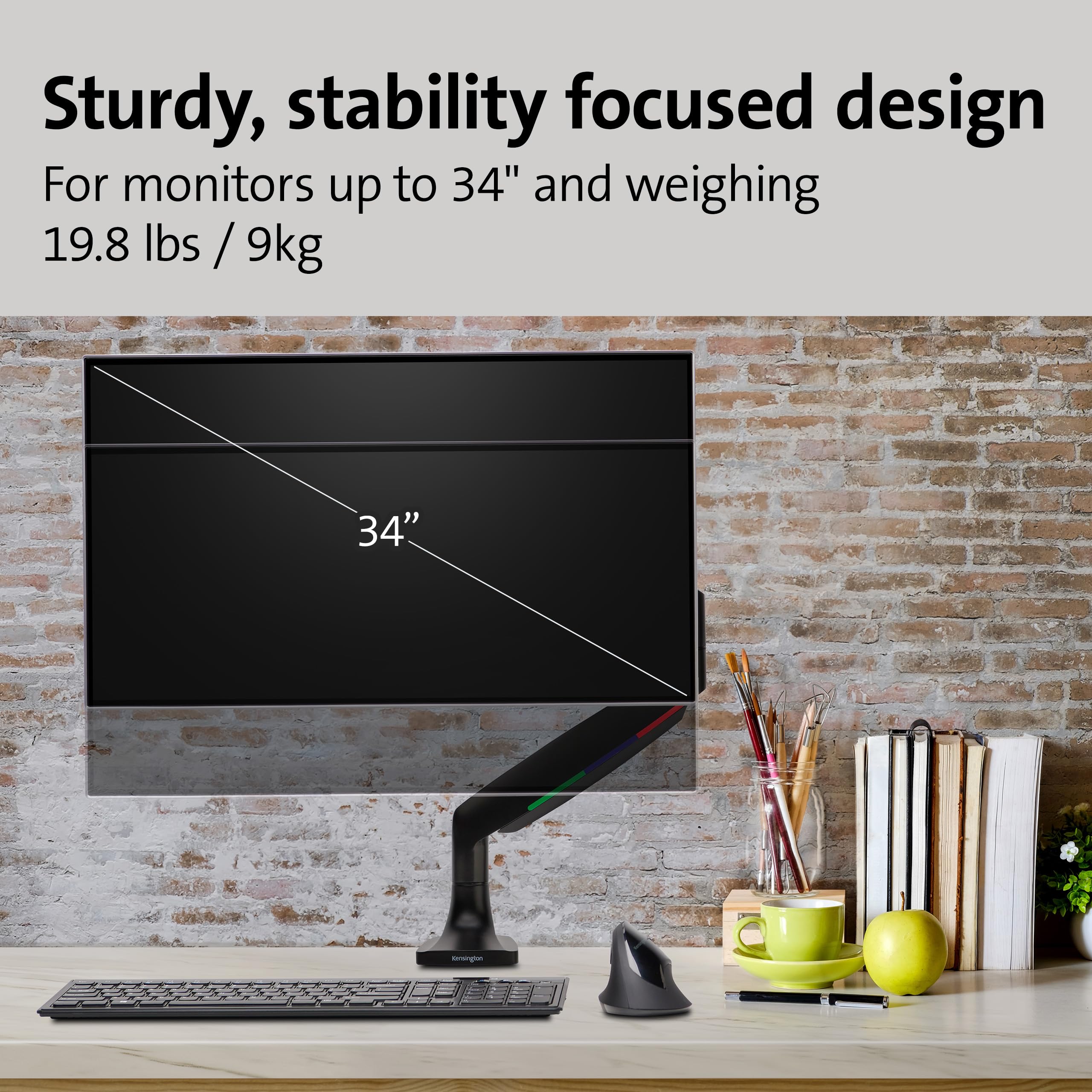 Kensington Braccio per Monitor Singolo con Piastra Vesa, Altezza Regolabile One-Touch, per l'Home Office, Molla a Gas Integrata, Nero (K59600WW)