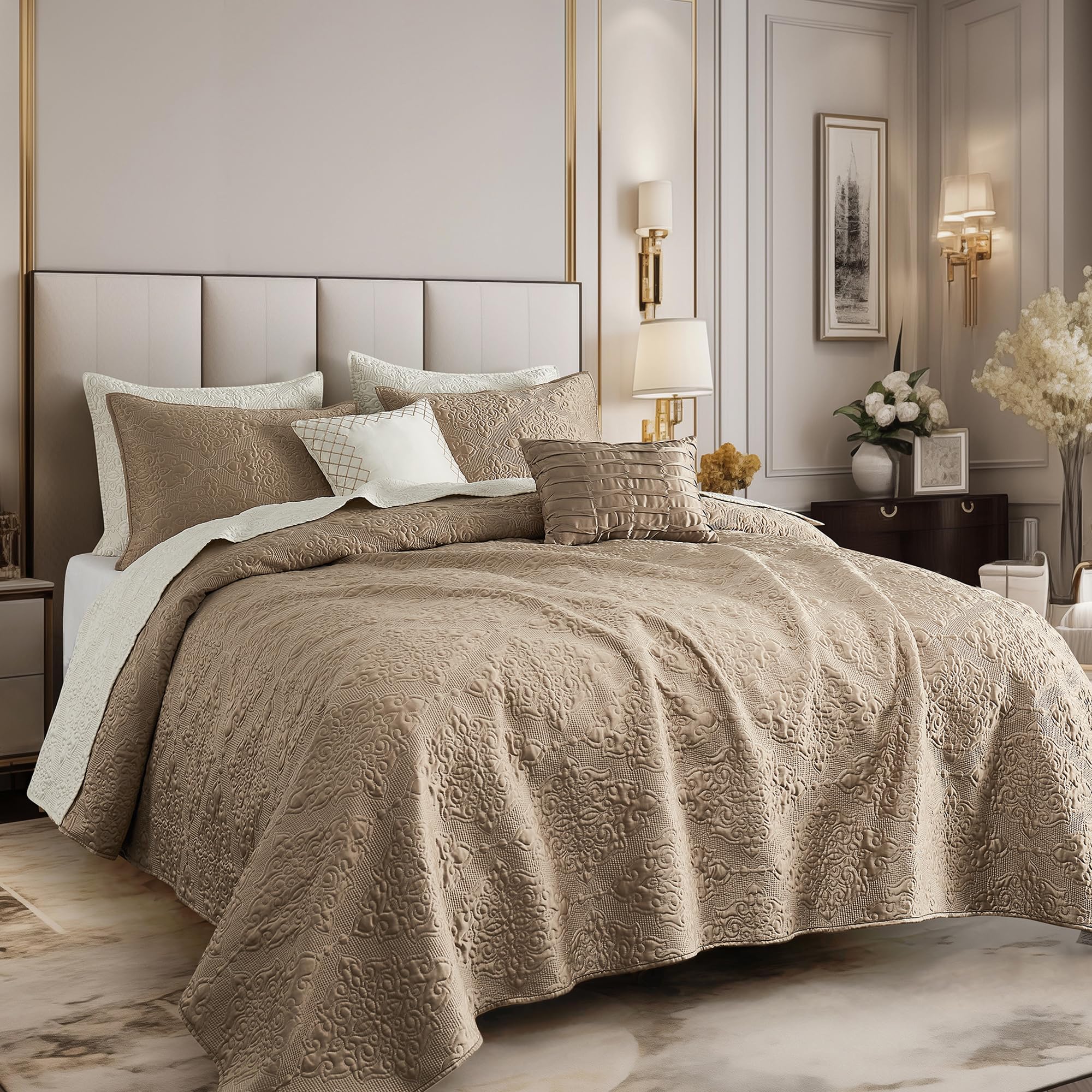 Silk & Semi Quilt  Fabric- 8 Piece Fancy Bedsheet Set - Golden main image 0