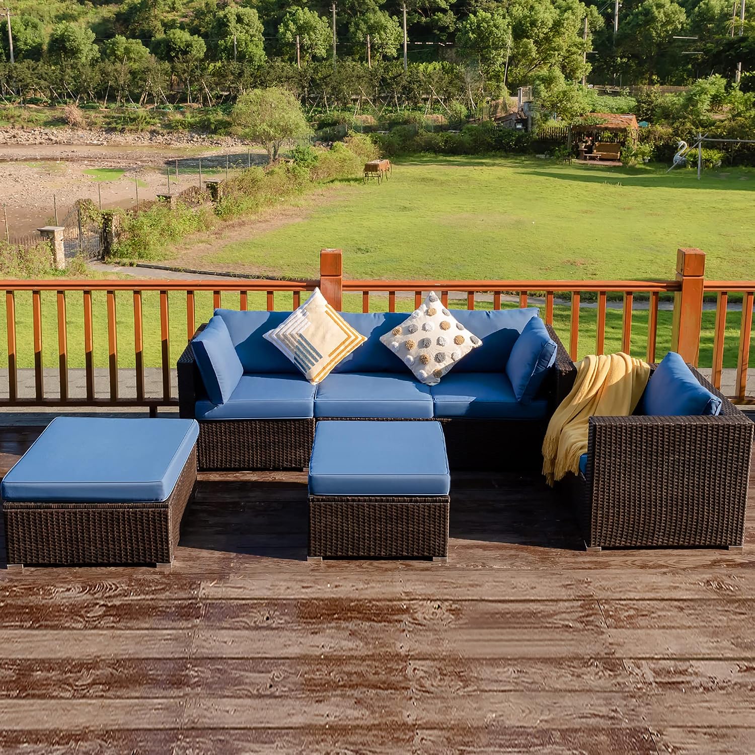 DORTALA 6 Pieces Patio Rattan Sectional Furniture Set, Outdoor Wicker Conversation Set, All Weather PE Wicker Sofa Set with Back and Seat Cushion for Backyard Couch Garden Poolside Balcony, Navy