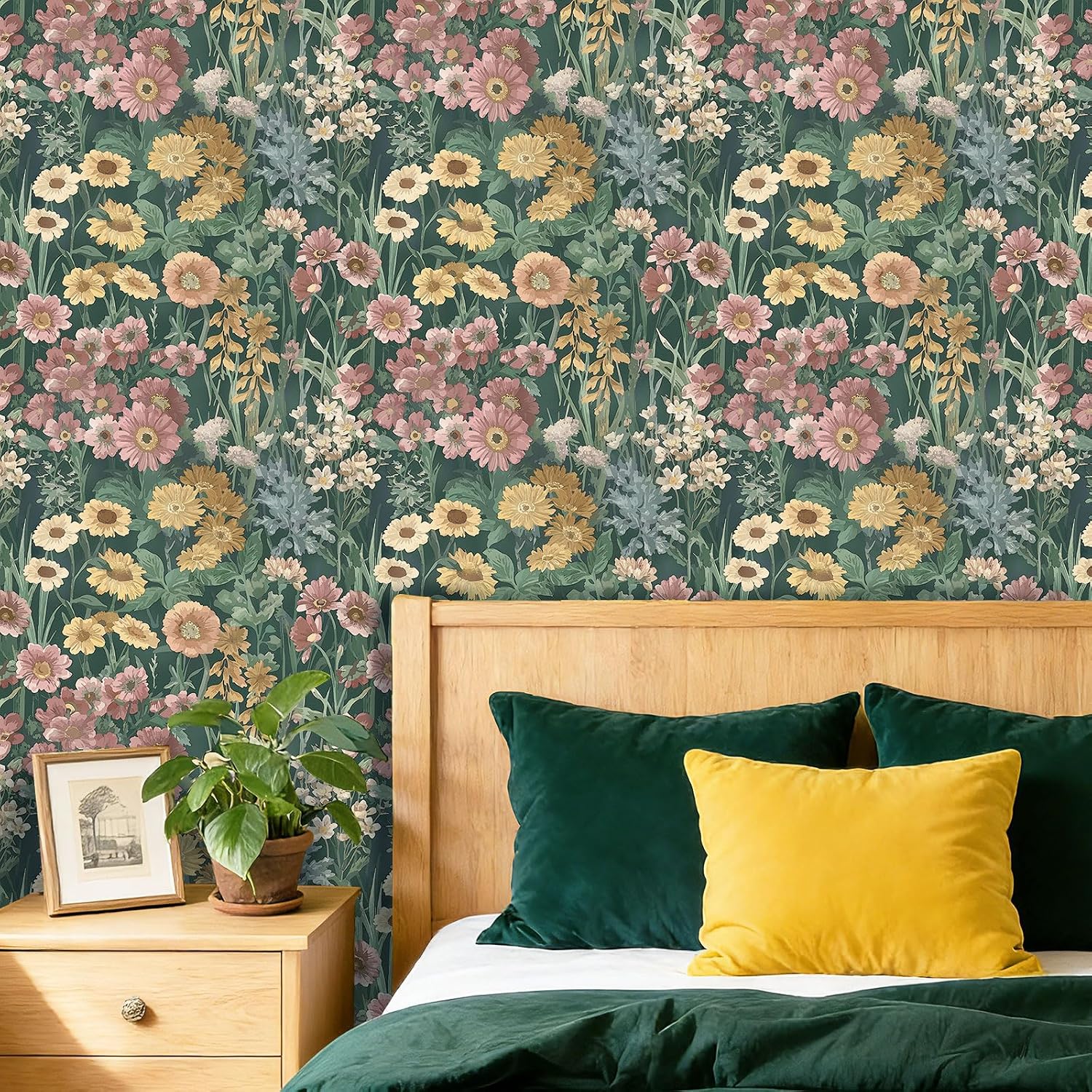 Stickyart Colorful Floral Peel and Stick Wallpaper Bold Flower Contact Paper Boho Whimsical Cottage Core Wallpaper Removable Green Wildflower Floral Botanical Wall Mural for Girls Bedroom 17.5"x276"