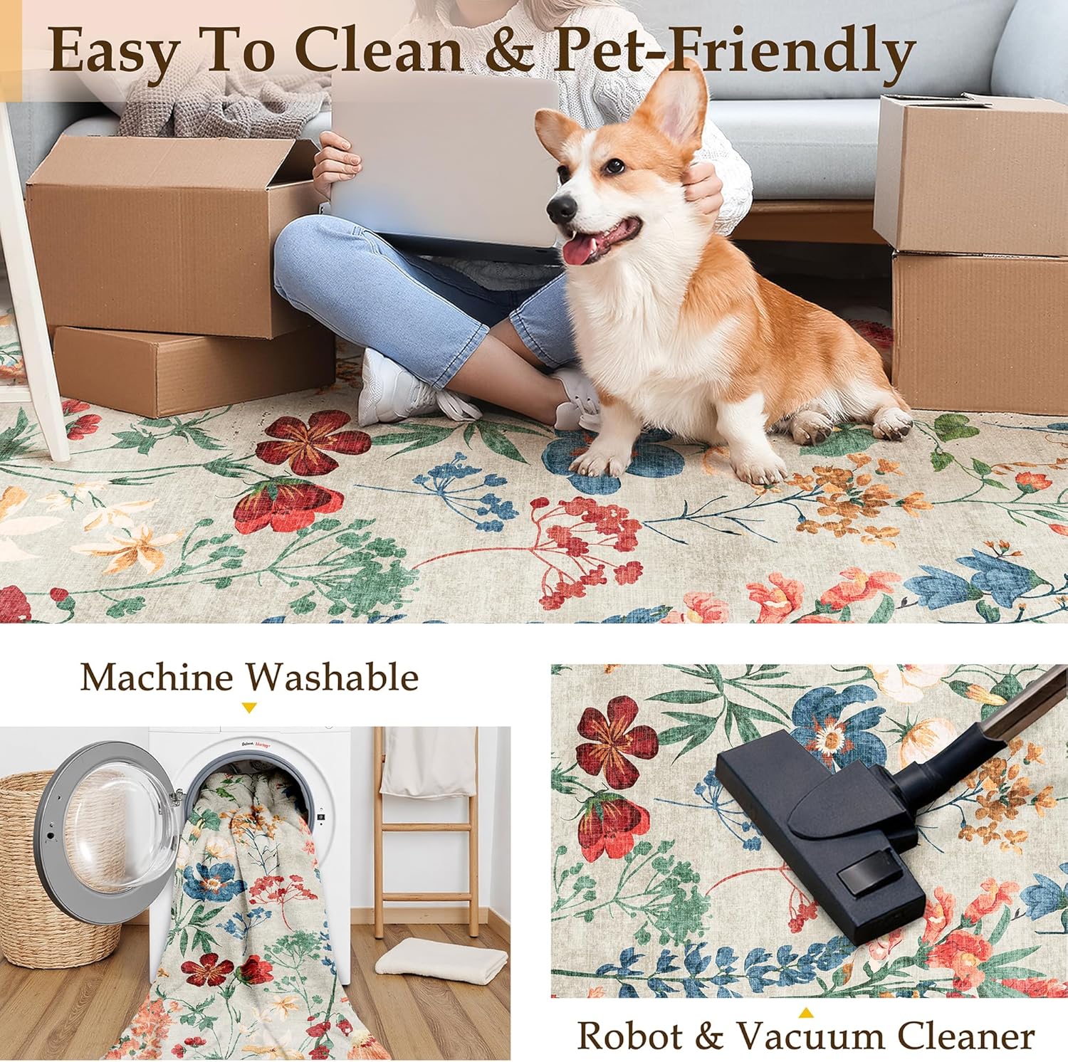 Floral Runner Rug 2x12 Washable Hallway Long Beige Bedroom Carpet Non Slip Indoor Boho Kitchen Low Pile Accent Rug Lightweight Soft for Bathroom Dining Laundry Living Room