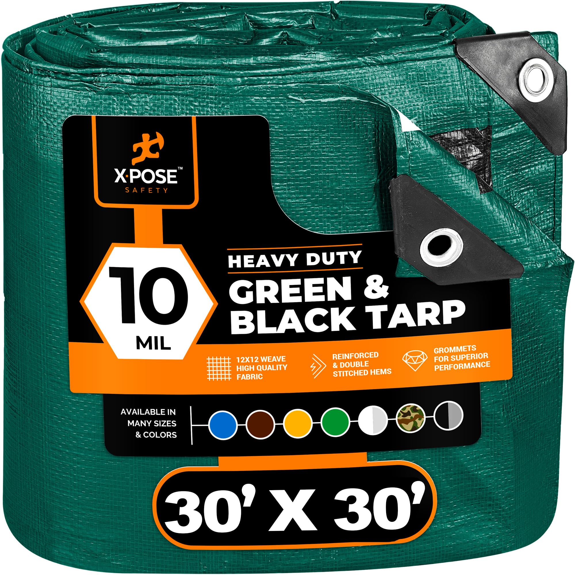 Heavy Duty Poly Tarp - 30' X 30' - 10 Mil Thick Waterproof, UV Blocking Protective Cover - Reversible Green and Black - Laminated Coating - Grommets - by Xpose Safety