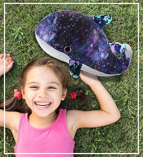 Miniatura 7 de DolliBu Whale Space - Peluche de lentejuelas abatibles de 13 pulgadas, diseño de lentejuelas reversibles, para abrazar, colorido juguete de peluche
