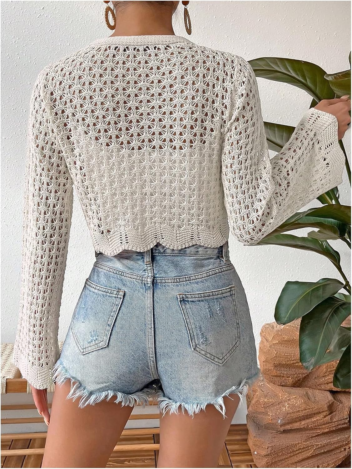 GORGLITTER Women's Crochet Tie Front Tops Bell Long Sleeve Cropped Cardigan Summer Beach Festival Boho Tops 2025 - Image 2