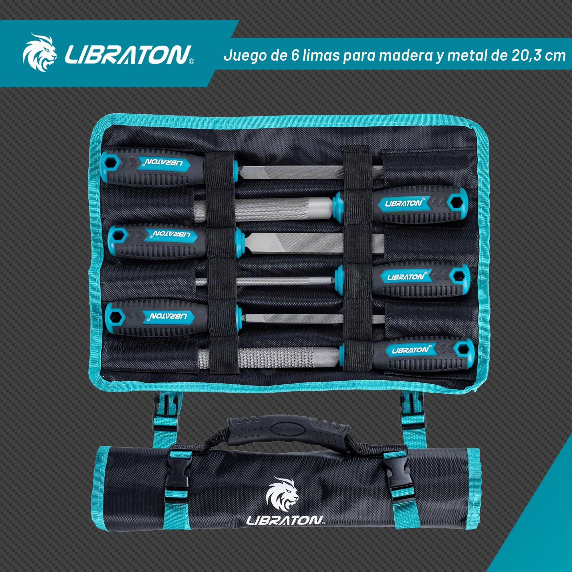 Libraton Limas de Metal, Limas para Metal de 6 Piezas, Limas de Acero con Alto Contenido de Carbono, Lima Metálica con Mango de Goma, Juego de Limas de 8 Pulgadas Incl 1 Escofina para Madera
