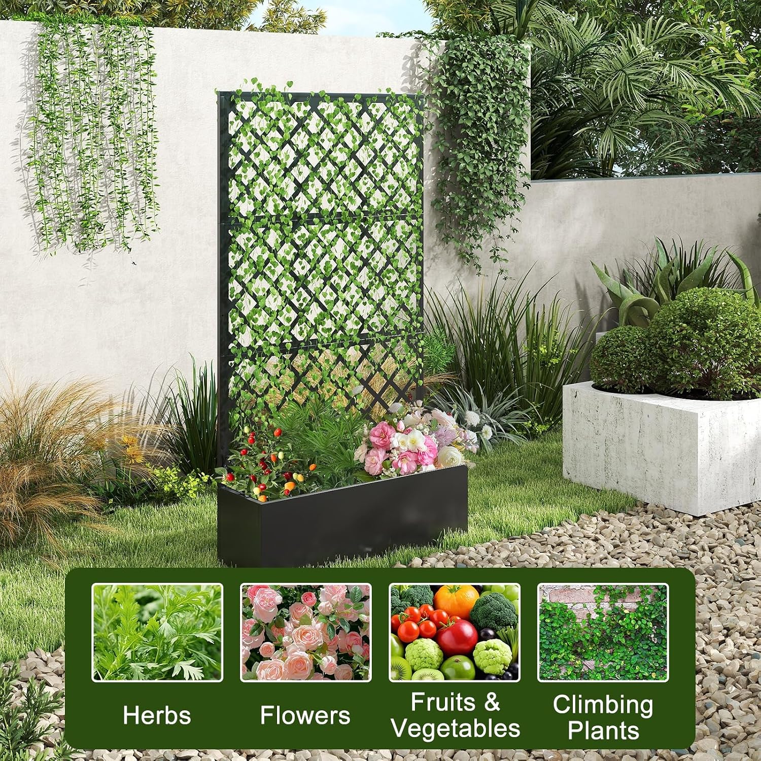 Metal Raised Garden Bed with Trellis, Privacy Screen Planter Box for Climbing Plants, 40 x 12 x 71 Inches, Outdoor Standing Flower Bed with Drainage (Diamond)