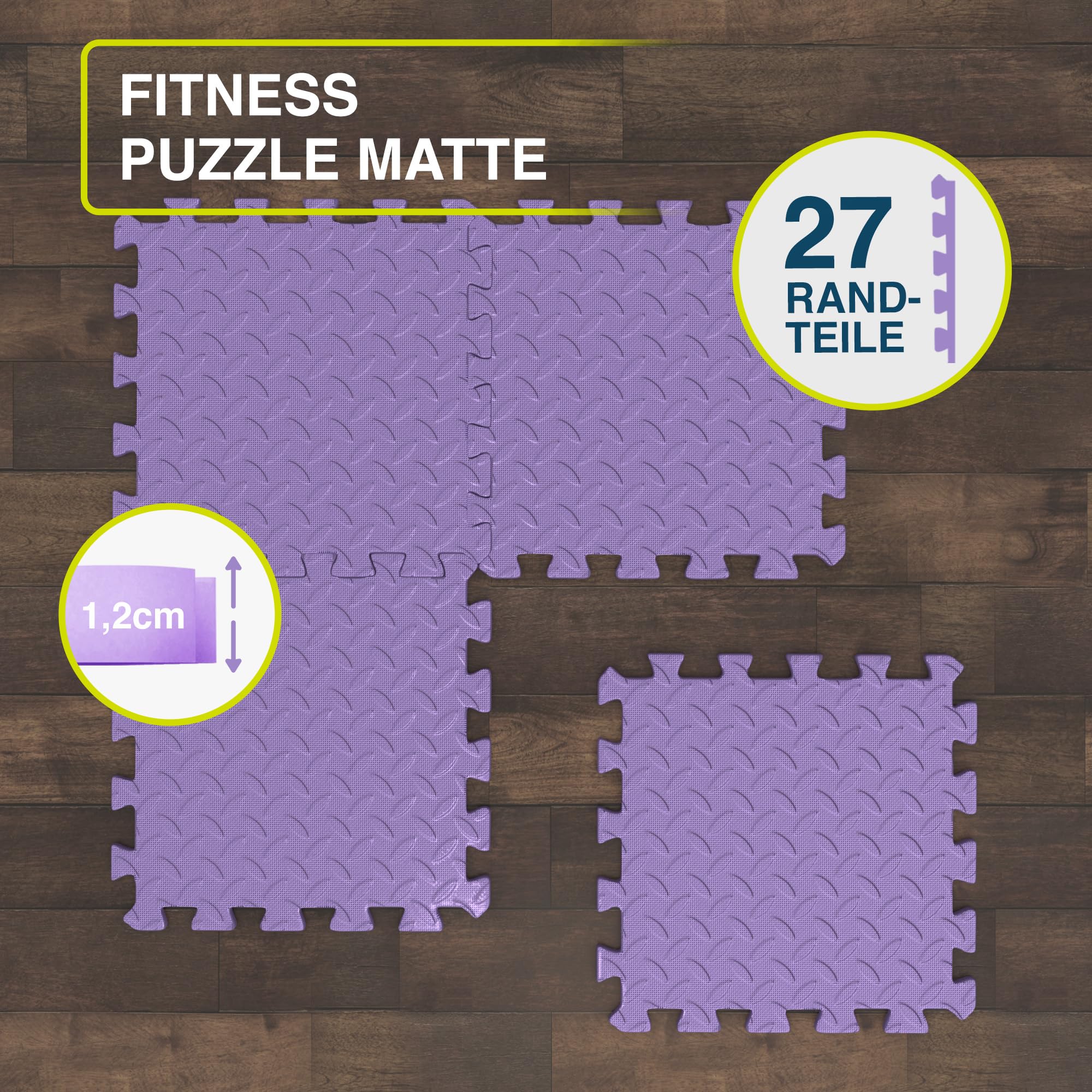 Bodenschutzmatte Fitness - 1,5qm Sportmatte für Laufband, Gym & Fitnessgeräte, Schalldämmung für optimalen Schutz im Homegym als Bodenmatte, rutschfest & Robust aus Eva Lila