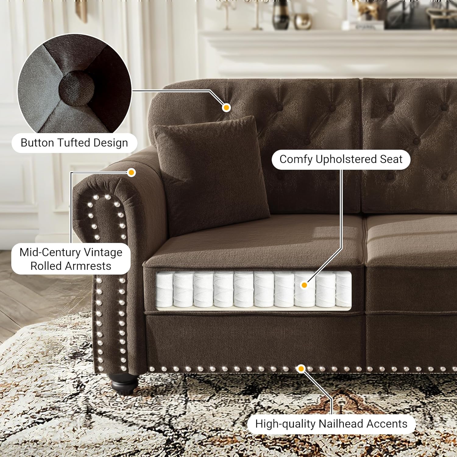 41.3" Velvet Chesterfield Accent Sofa, Mid Century Modern Sofa Recliner with 1 Ottoman & 1 Pillow, Upholstered Sofa Couch with Button Tufted Back & Rolled Arms, Couches for Living Room, Brown