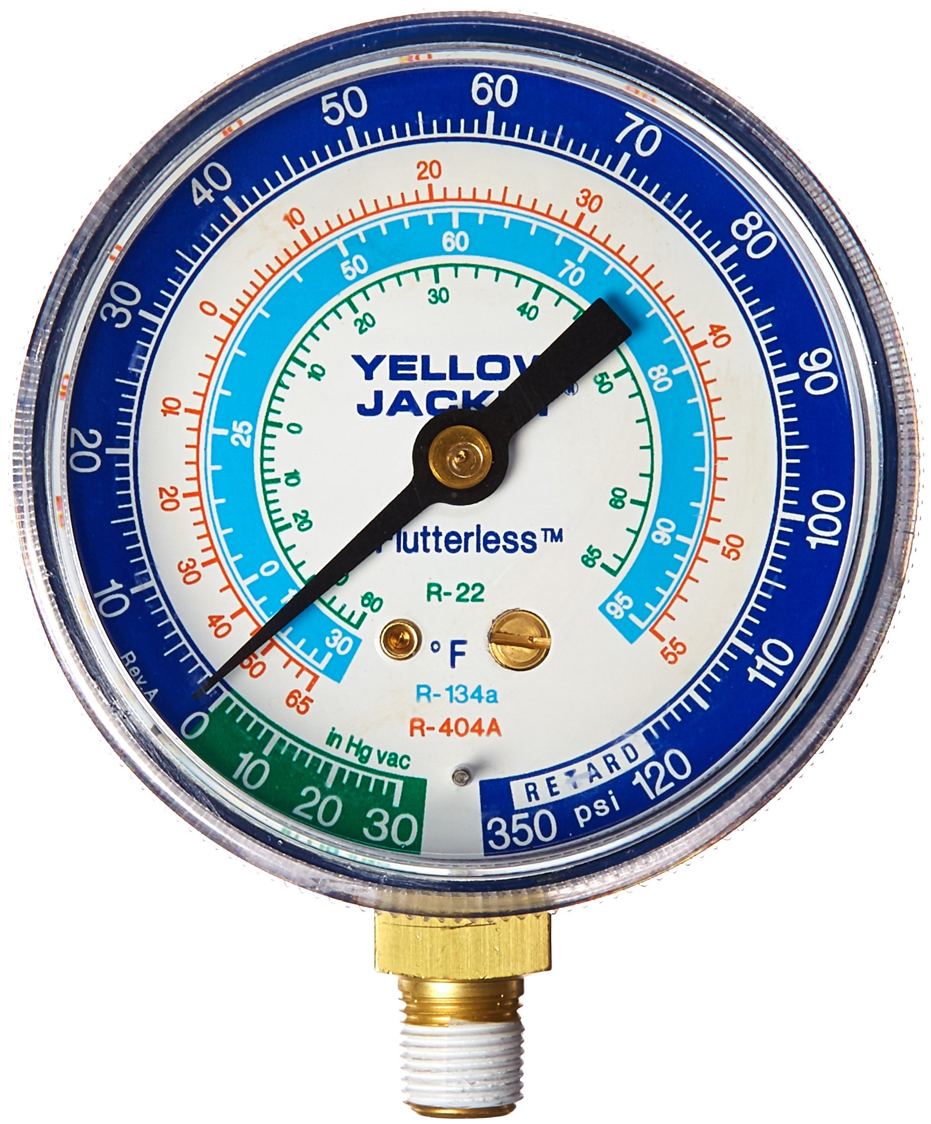 YELLOW JACKET® 49016 CLASS B MANIFOLD COMPOUND GAUGE, 30 IN HG TO 120 PSI, 1/8 IN MNPT CONNECTION, 2-1/2 IN DIAL, 3-2-3%