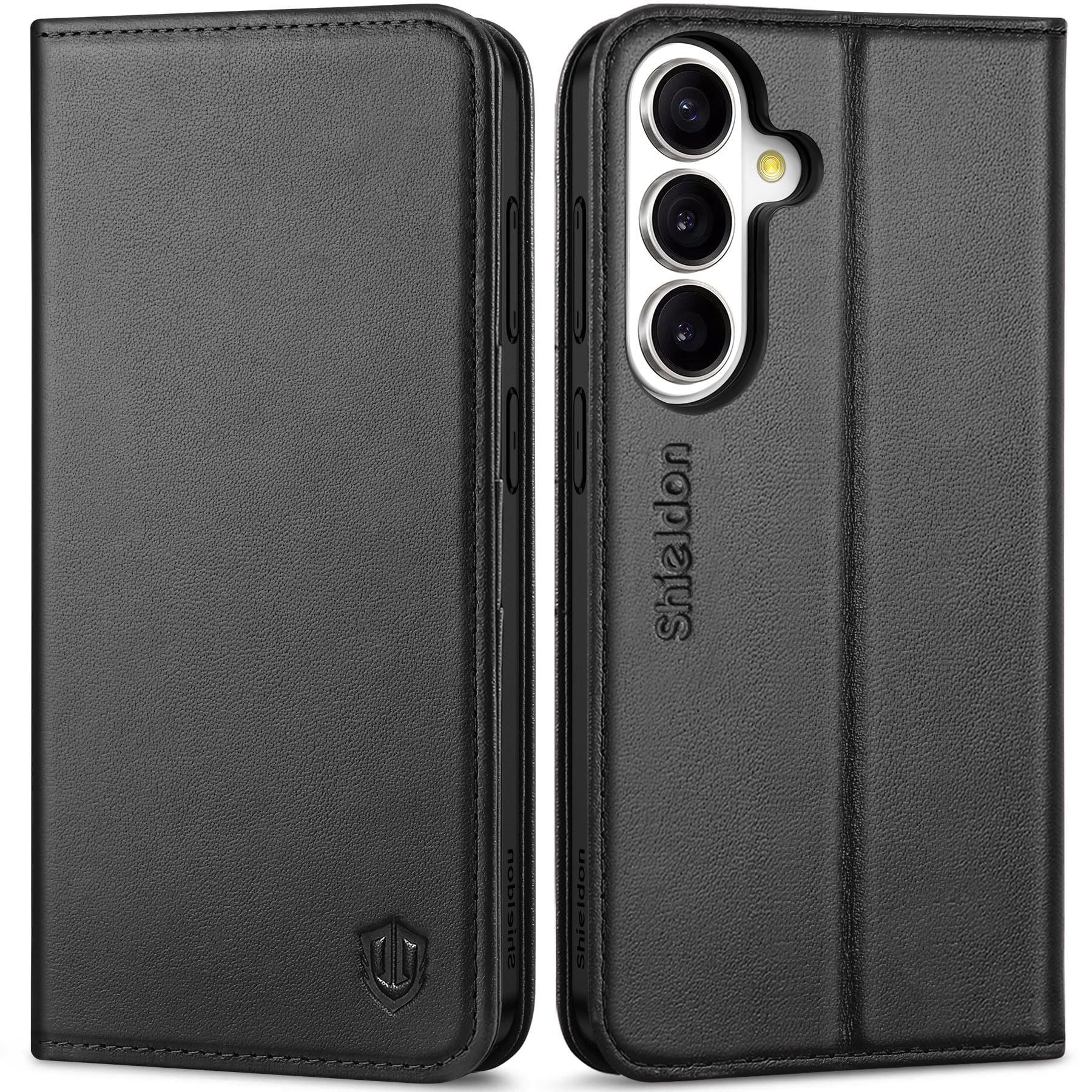 SHIELDON Funda para Galaxy S26+ Plus 6.7", Carcasa de Cuero Genuino con Soporte para Tarjeta, Bloqueo RFID, Protección Completa, Magnética, Leather Case Compatible con Galaxy S 26+ 2026 - Negro