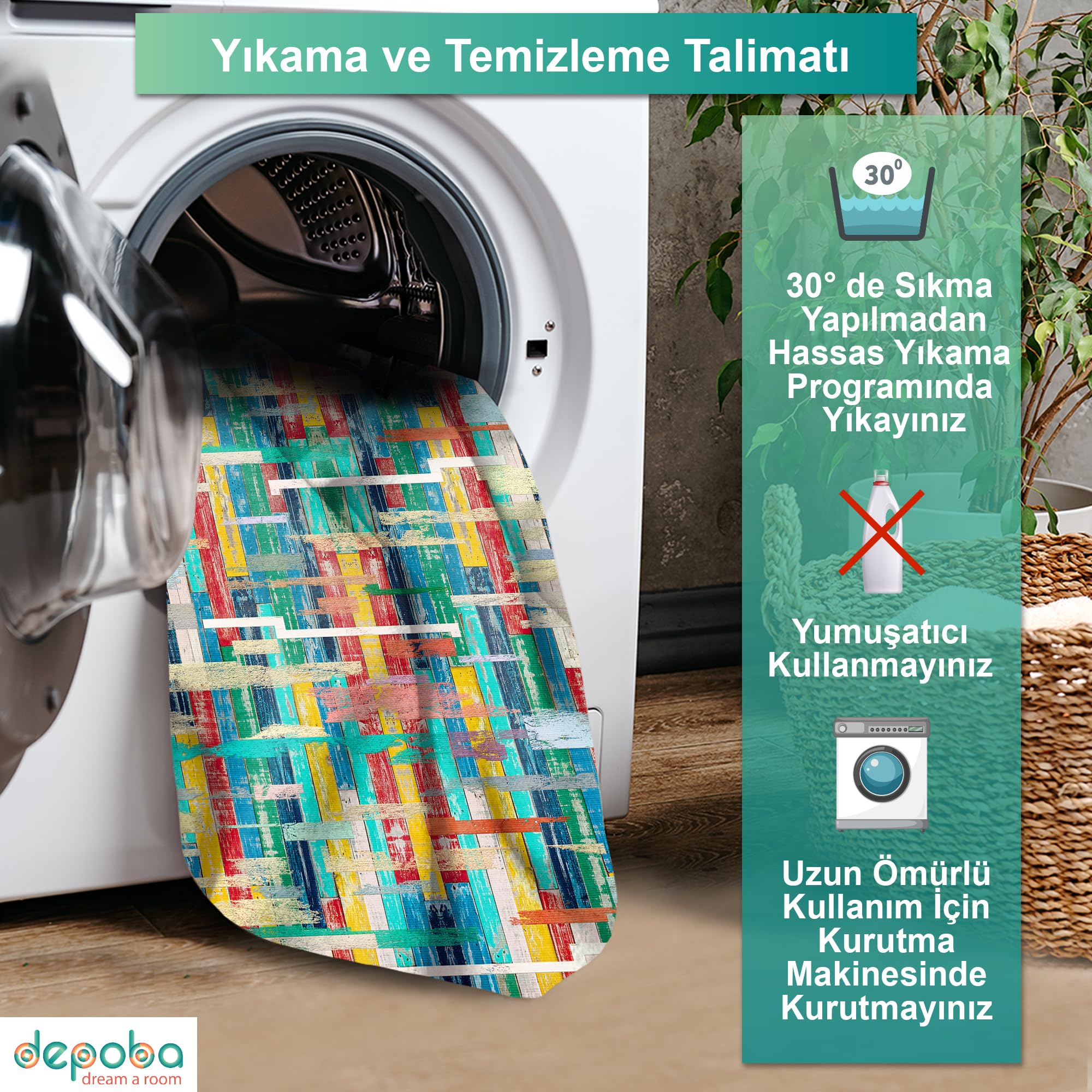 Depoba Lisa Kadife Kaymaz Pamuk Tabanlı Yıkanabilir Antibakteriyel Salon Halısı 200x300