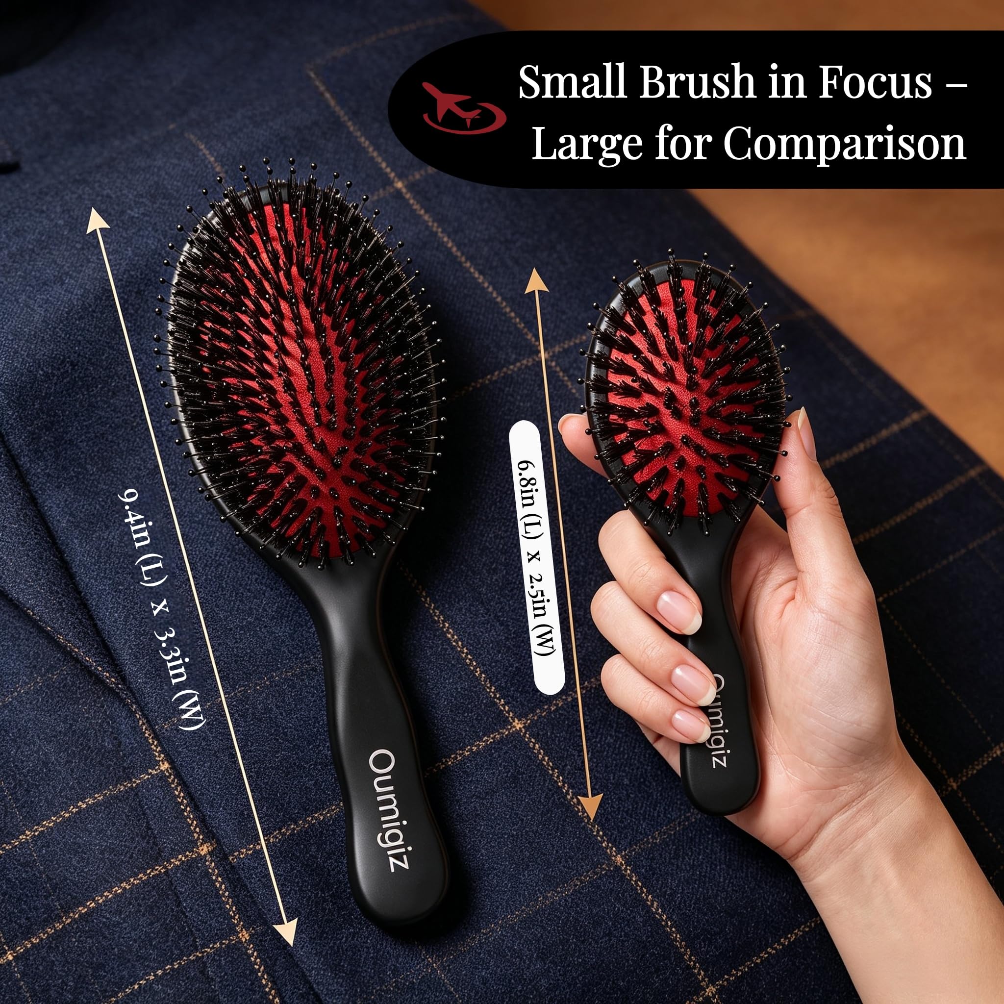 OUMIGIZ Boar Bristle Hair Brush with Nylon Pins, Natural Wooden Detangler