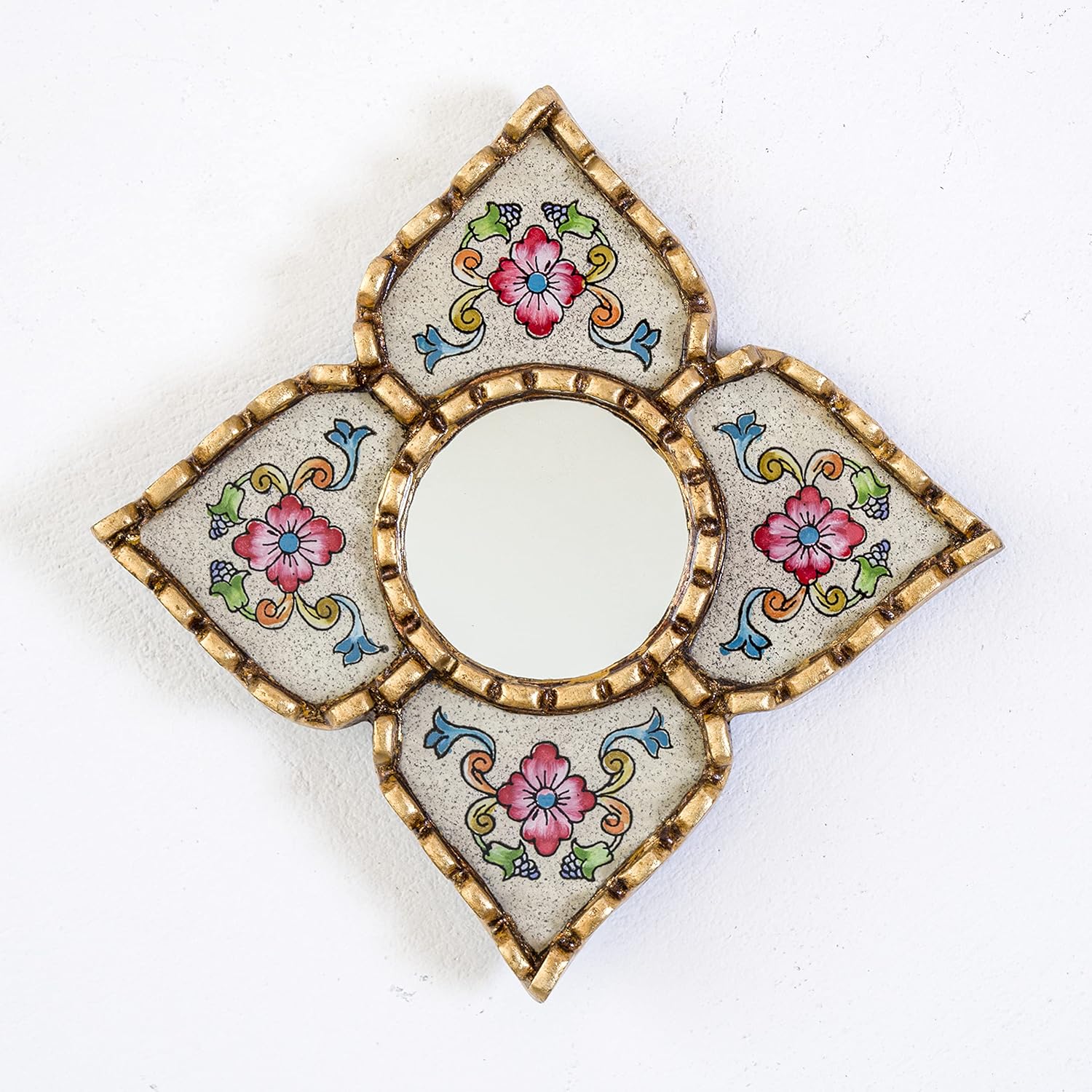 Artisan Small Accent Wall Mirror Set of 3 - Peruvian Mirrors for Wall with Bronze Leaf Frame - Reverse Painted Glass Mirrors