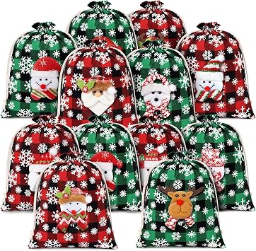 FLOE 12Pcs Burlap Christmas Gift Bags with Drawstring, 8x10in 3D Doll Buffalo Plaid Christmas Goody Gift Bags Small Xmas Candy Bag, Linen Treat Bags Xmas Gifts Wrapping Bag Holiday Party Favors Sacks