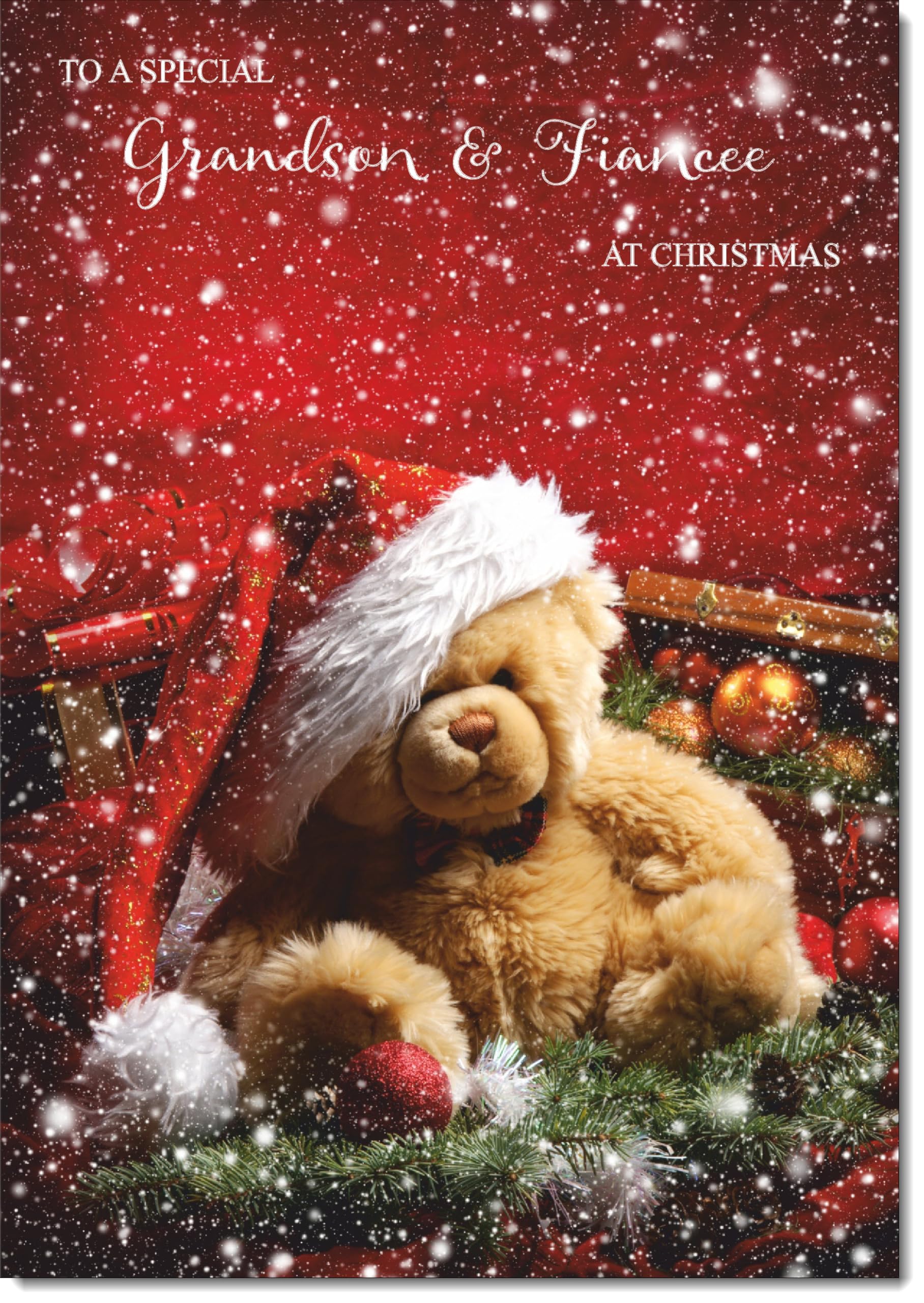 doodlecards Grandson and Fiancee Christmas Card Bear with Santa Hat Large A4 Size Christmas Card for Grandson & Fiancee with Plain Envelope — image 1
