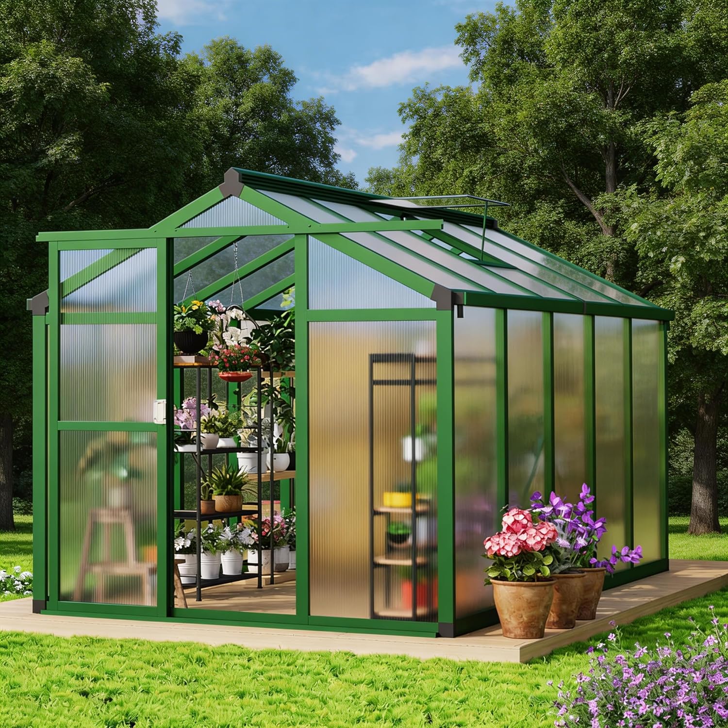6x10 FT Greenhouse, Sturdy Aluminum Polycarbonate Greenhouse with Adjustable Roof Vent & Sliding Door, Spacious Walk-in Green House for Patio, Garden and Backyard, Easy Assembly