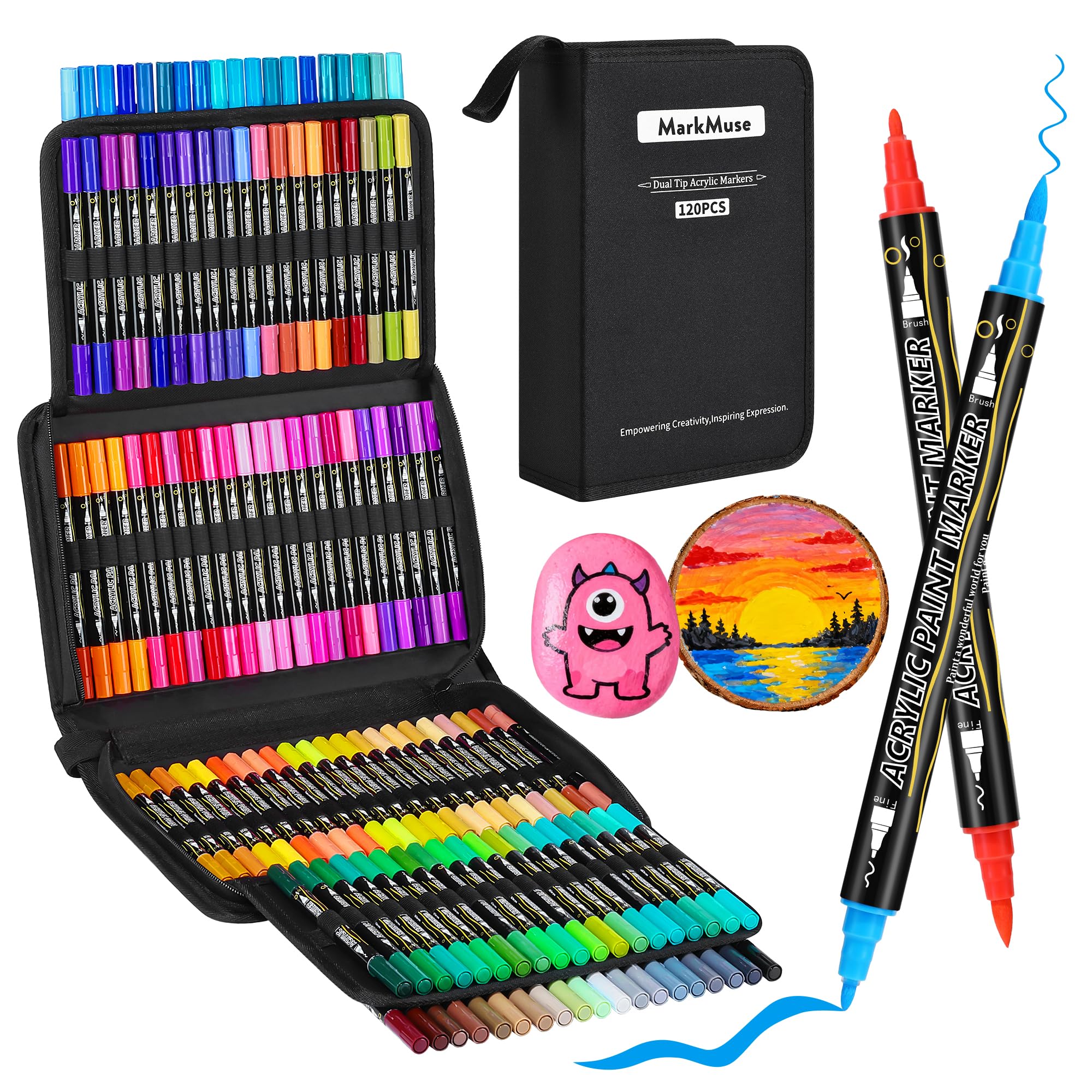 120 Colour Acrylic Marker Pens, Dual Tip Fast-Dry & Water-Based Acrylic Paint Pens for Rock, Wood, Canvas & Ceramic Painting, Non-Toxic Art Supplies for Adult Artists & DIY Craft Projects