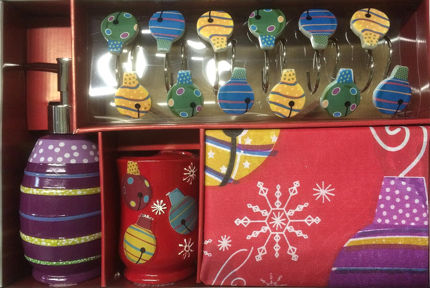 Holiday Ornament Design - 4 Piece Ceramic Bath Ensemble with Lotion Dispenser, Toothbrush Holder, Fabric Shower Curtain and Matching Hooks