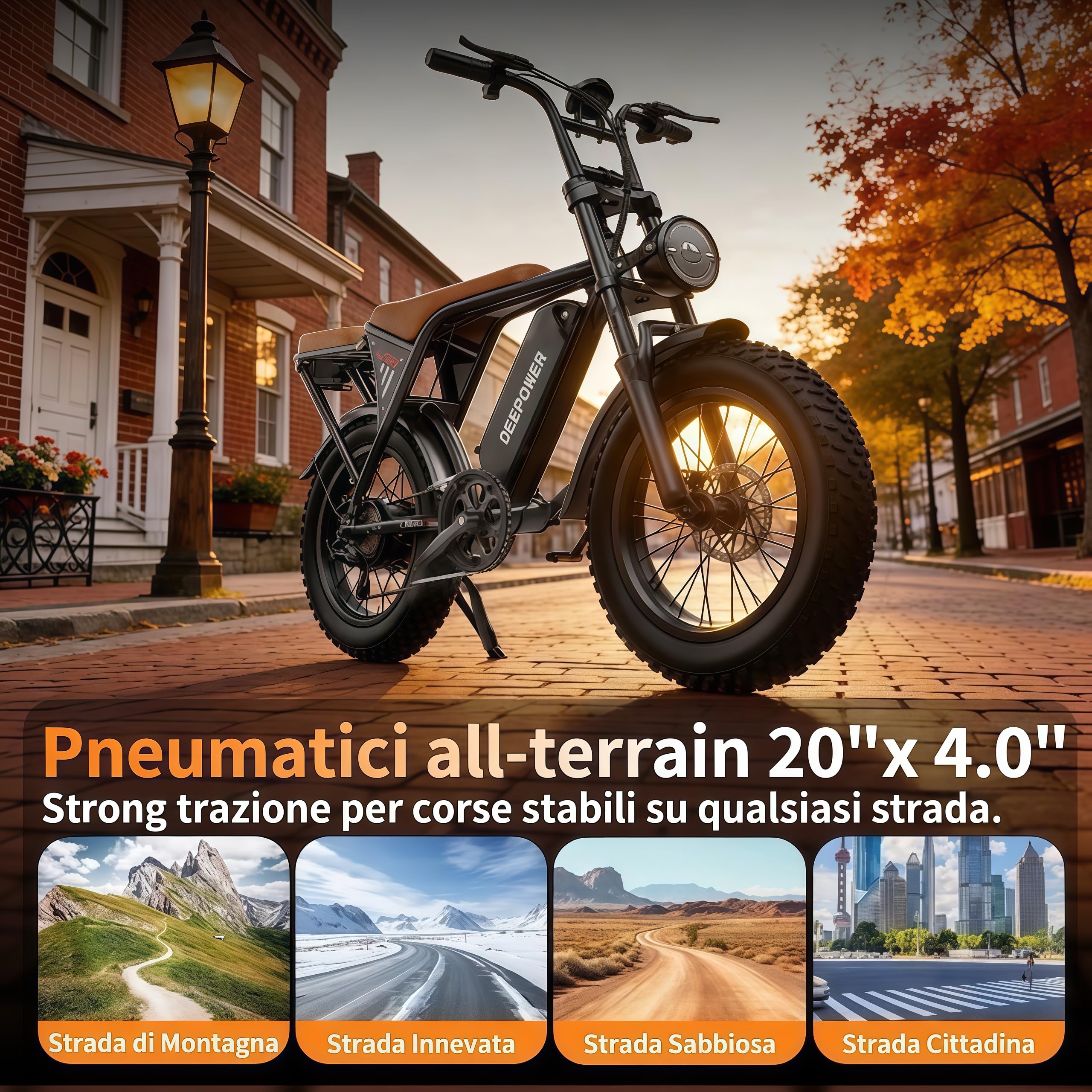 DEEPOWER V8 Vélo électrique pour adultes, batterie amovible 48 V 20 Ah, autonomie 110 km, pneus Fat 20 × 4,0, 7 vitesses, freins à disque mécaniques, suspensions complètes tout terrain