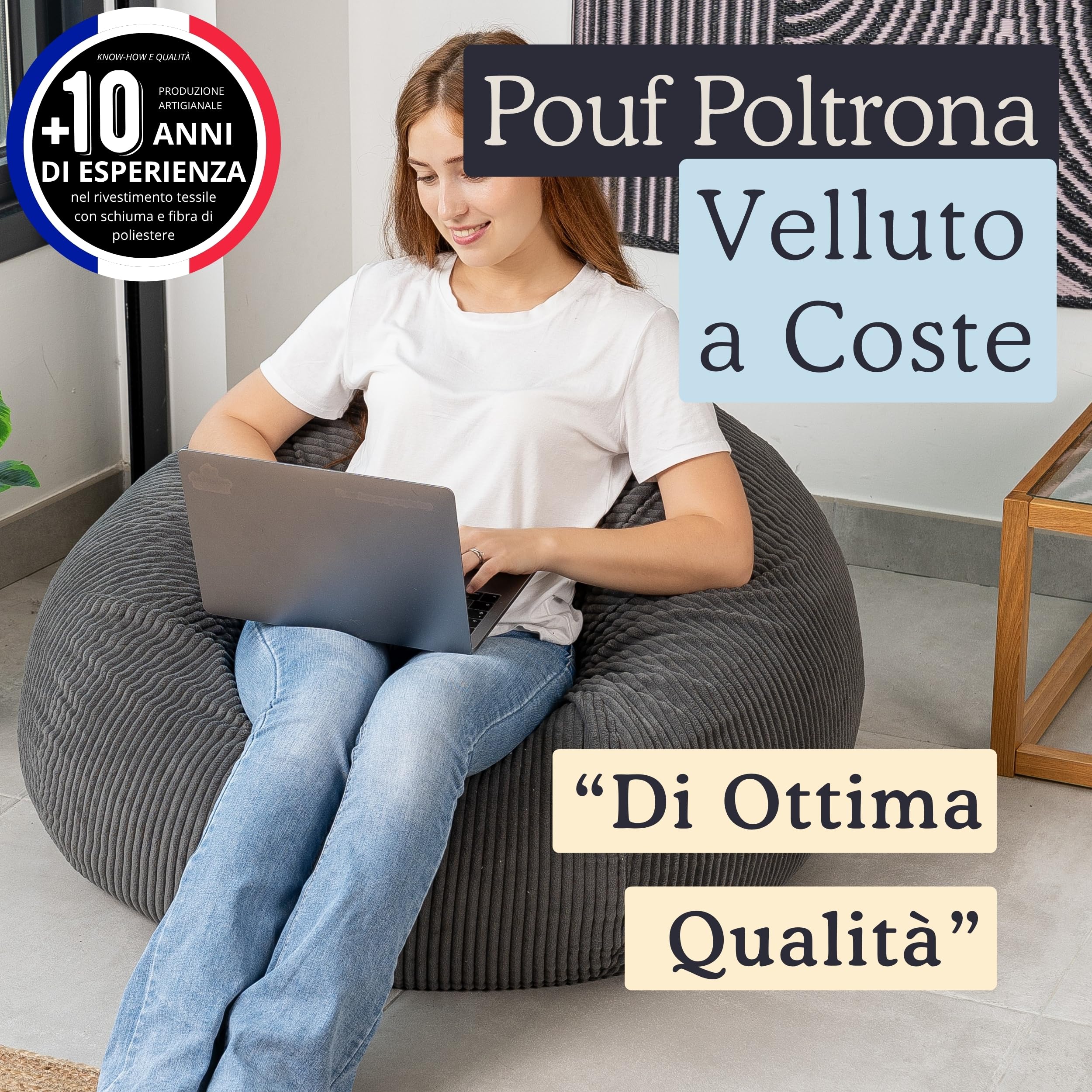 bananair - Pouf Poltrona Sacco in Velluto a Coste Larghe - Imbottitura in Schiuma, Morbido - Fodera Lavabile - Facile da Trasportare, Per Bambini e Adolescenti (105x85 cm, Grigio Scuro)
