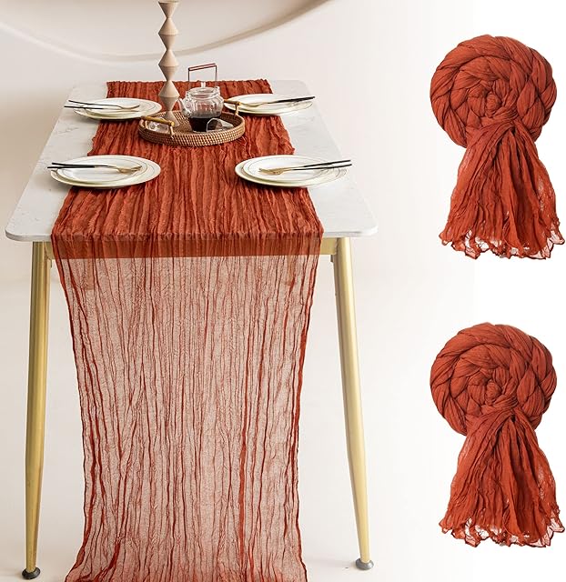 OSVINO 2 Pack Gauze Cheesecloth Table Runner 90x300cm Long Terracotta Boho Tablecloth Sheer Weeding Runner Rustic Dining Table Decorations Bridal Shower Baby Shower Birthday Party Table Cloth