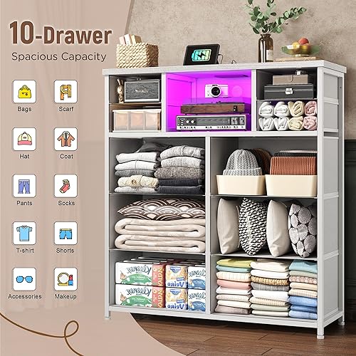 Miniatura 4 de Cómoda blanca para dormitorio con 10 cajones con luz LED y toma de corriente, cómodas de tela y cómoda con estantes abiertos para pasillo, sala de