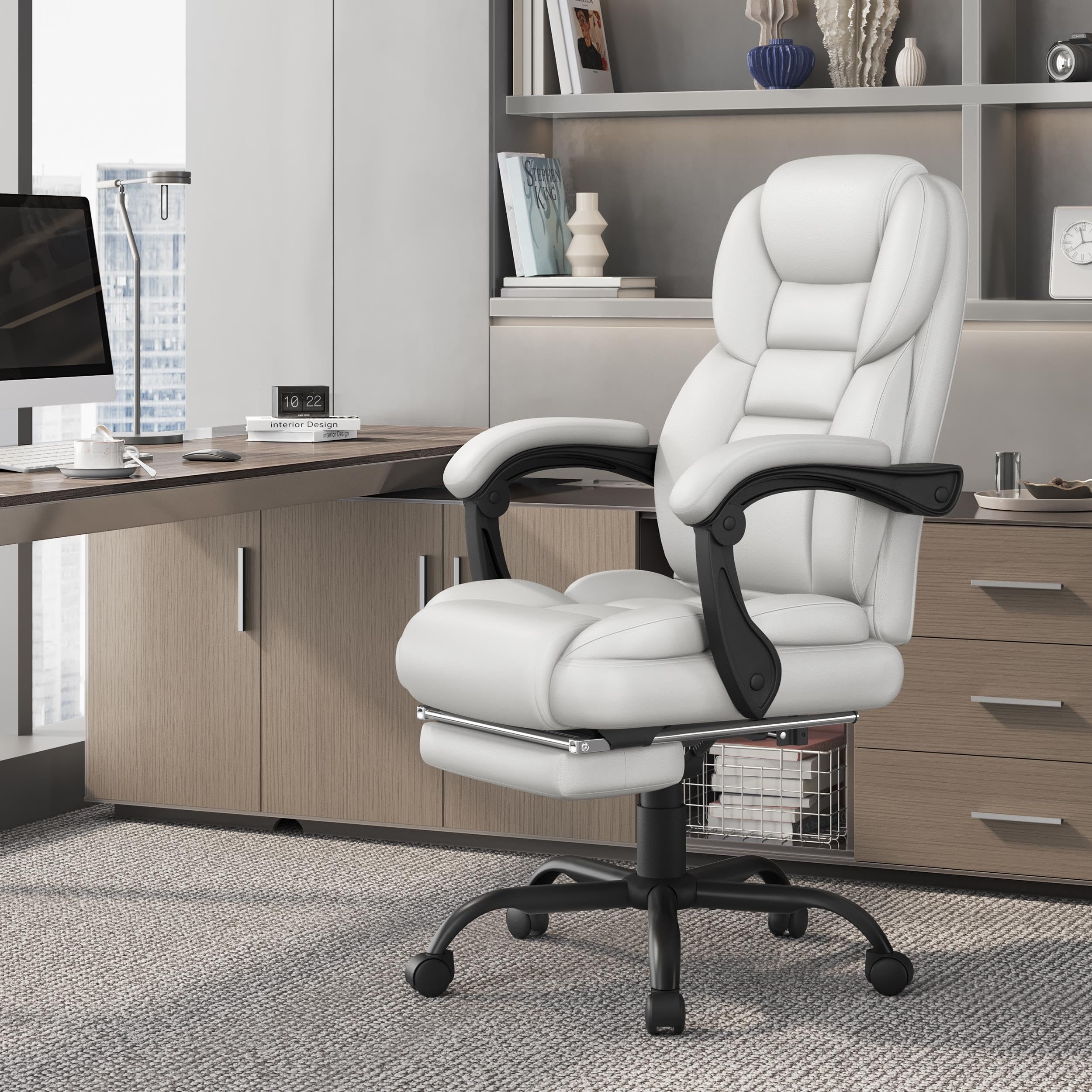 Yaheetech ergonomischer Bürostuhl Chefsessel mit Fußablage Fußstütze Schreibtischstuhl mit adaptiven Armlehnen Computerstuhl mit Hoher Rückenlehne höhenverstellbar für Büro Weiß