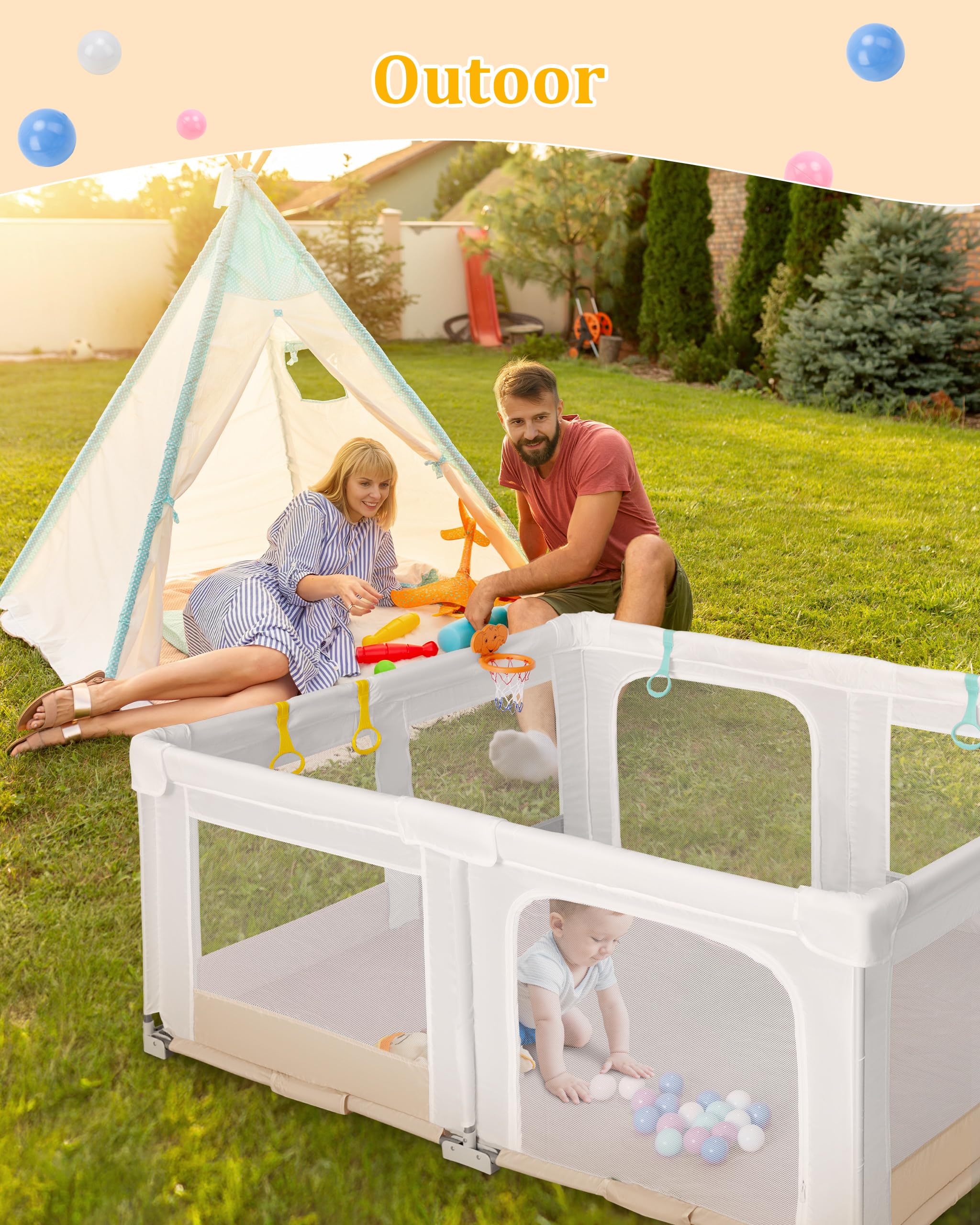 Grand Parc Pliable pour Bebe et Tout-petits:180x150x75cm pour l'intérieur et l'extérieur,Avec 20 Balles Océaniques,1 Panier de Basket,4 Poignées et 1 Sac de Transport - Espace de Jeu Idéal pour Enfant