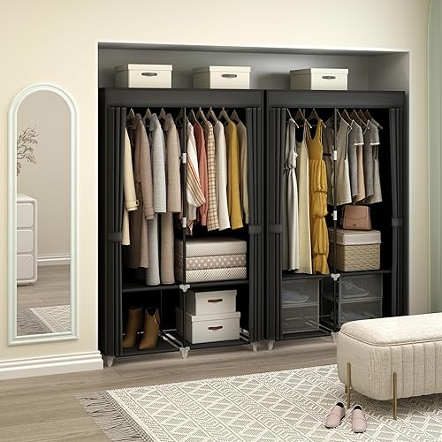 Vista 9 de Portable Closet Wardrobe for Small Room, 35-Inch Clothing Organizer Storage Rack with 2 Clothes Hanging Rods and 4 Shelves, Non-Woven Fabric Cover