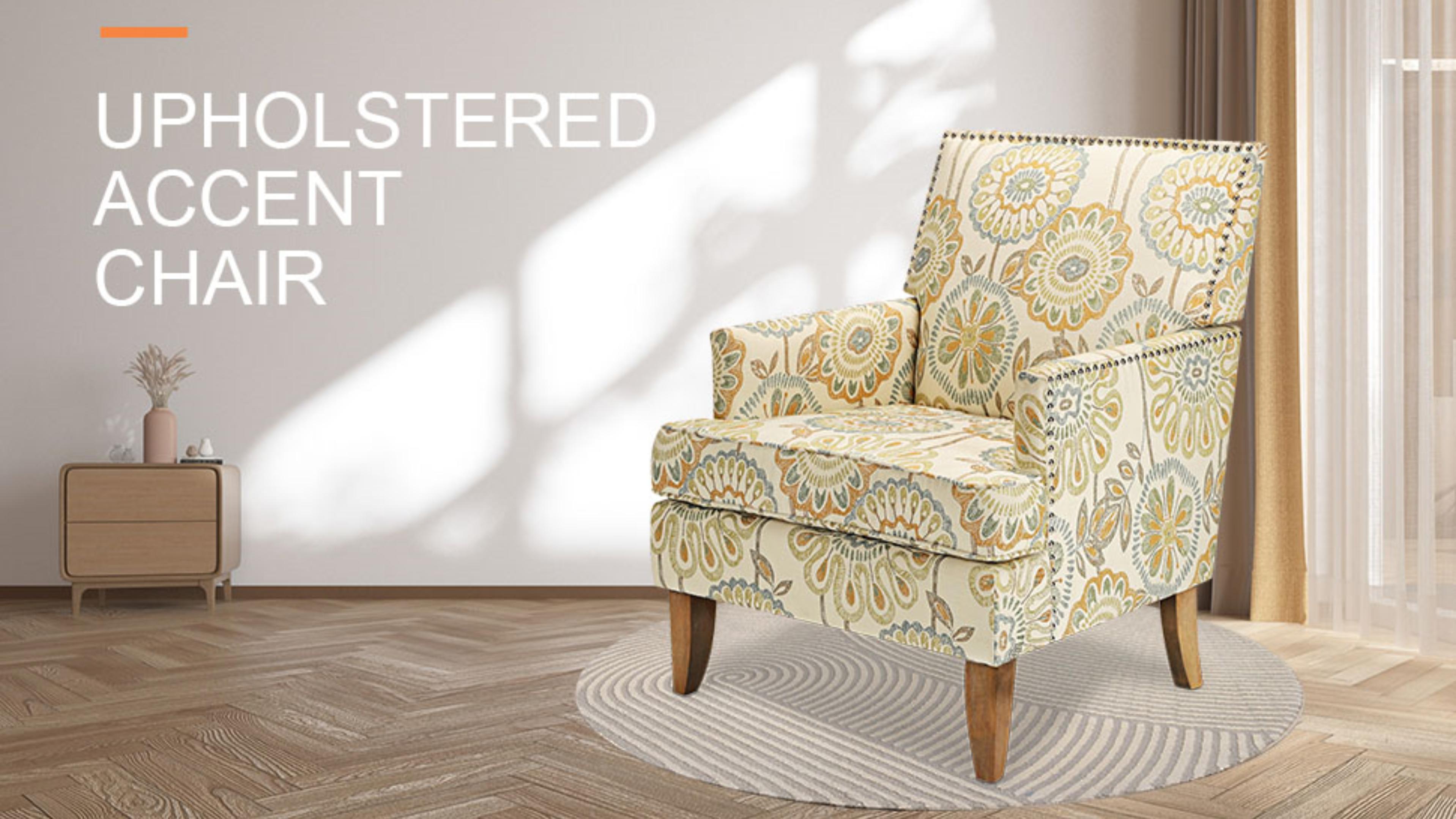 Sillón con respaldo ala floral color beige amarillo miniatura 7
