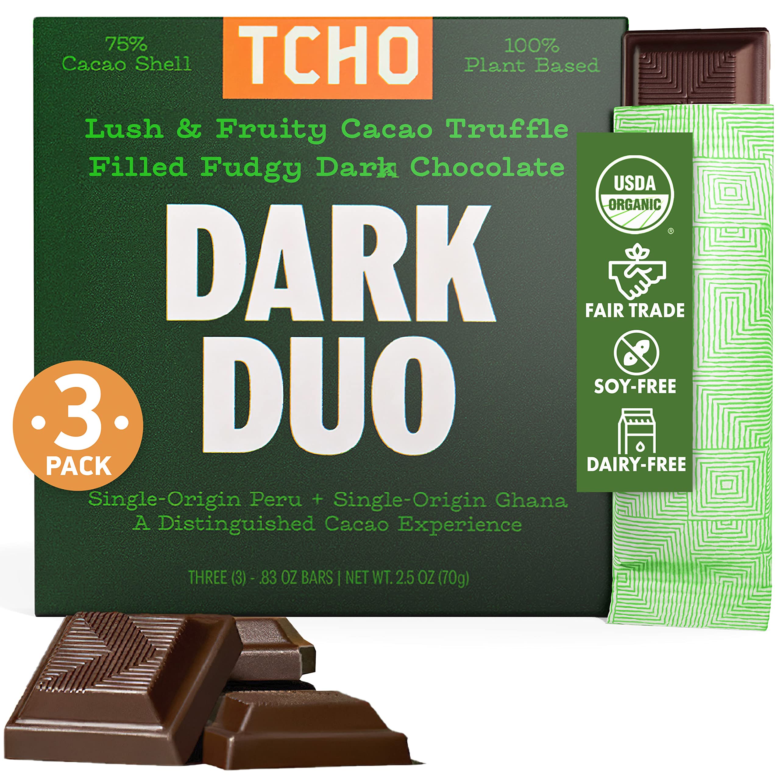TCHO Dark Duo Dark Chocolate Bars (3 pack) | Single Origin, Plant Based, Organic & Fair Trade, | Non GMO, Non-Dairy, Vegan, Soy Free (2.5oz each)
